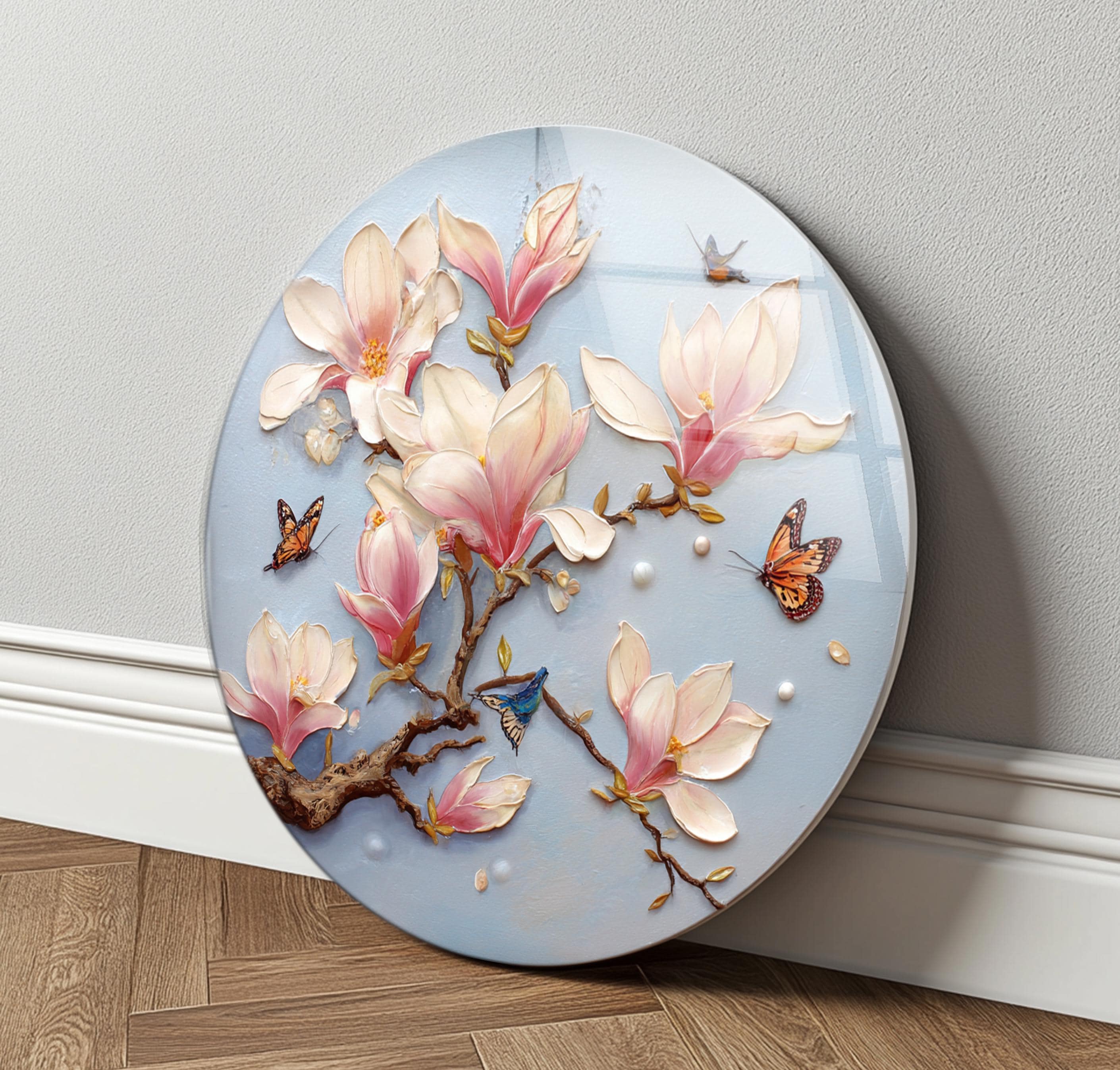 Décoration murale en verre trempé avec magnolia doux et papillon pour intérieur botanique