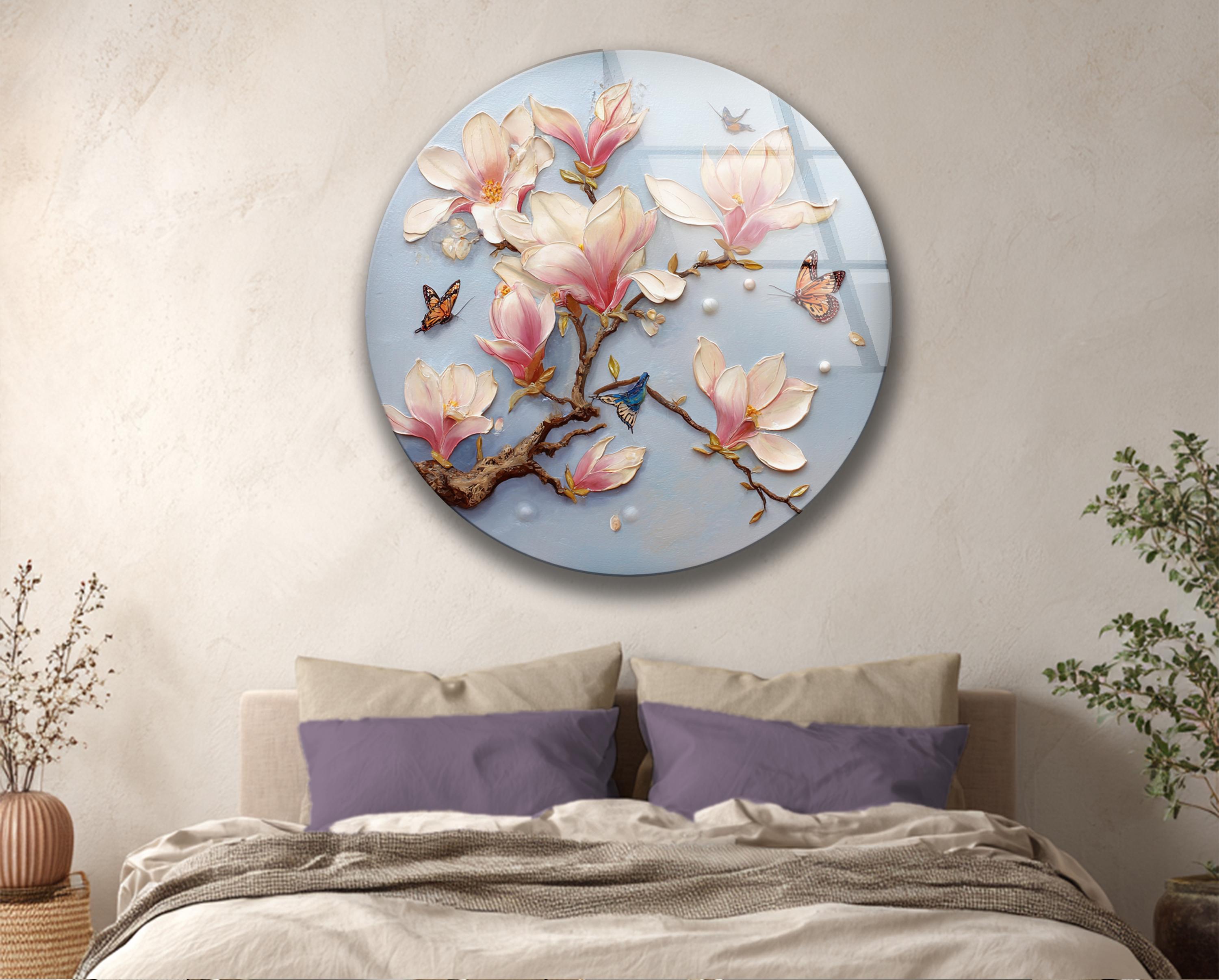 Décoration murale en verre trempé avec magnolia doux et papillon pour intérieur botanique