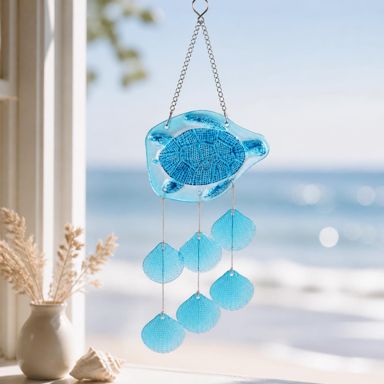 Suspension artisanale en verre motif tortue bleue, attrape‑lumière en coquillage coloré pour fenêtre