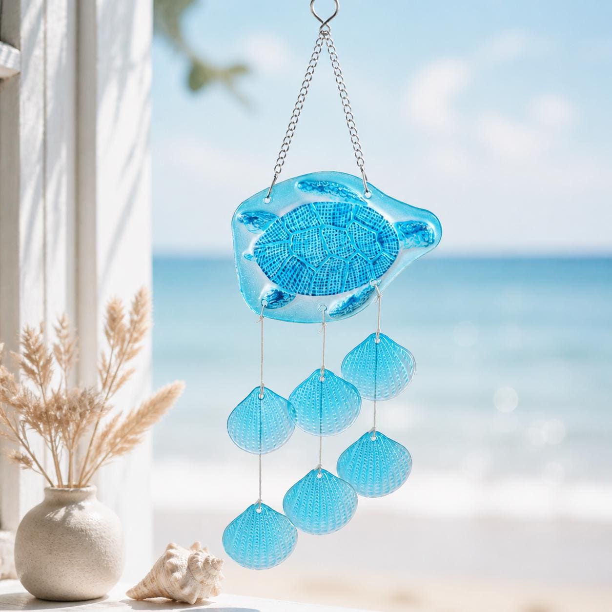 Suspension artisanale en verre motif tortue bleue, attrape‑lumière en coquillage coloré pour fenêtre