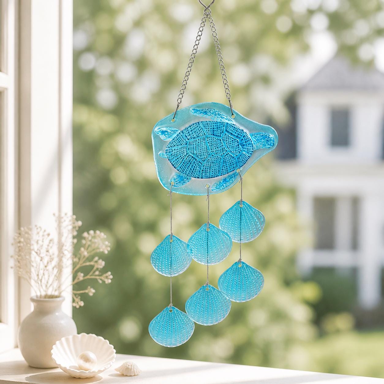 Suspension artisanale en verre motif tortue bleue, attrape‑lumière en coquillage coloré pour fenêtre