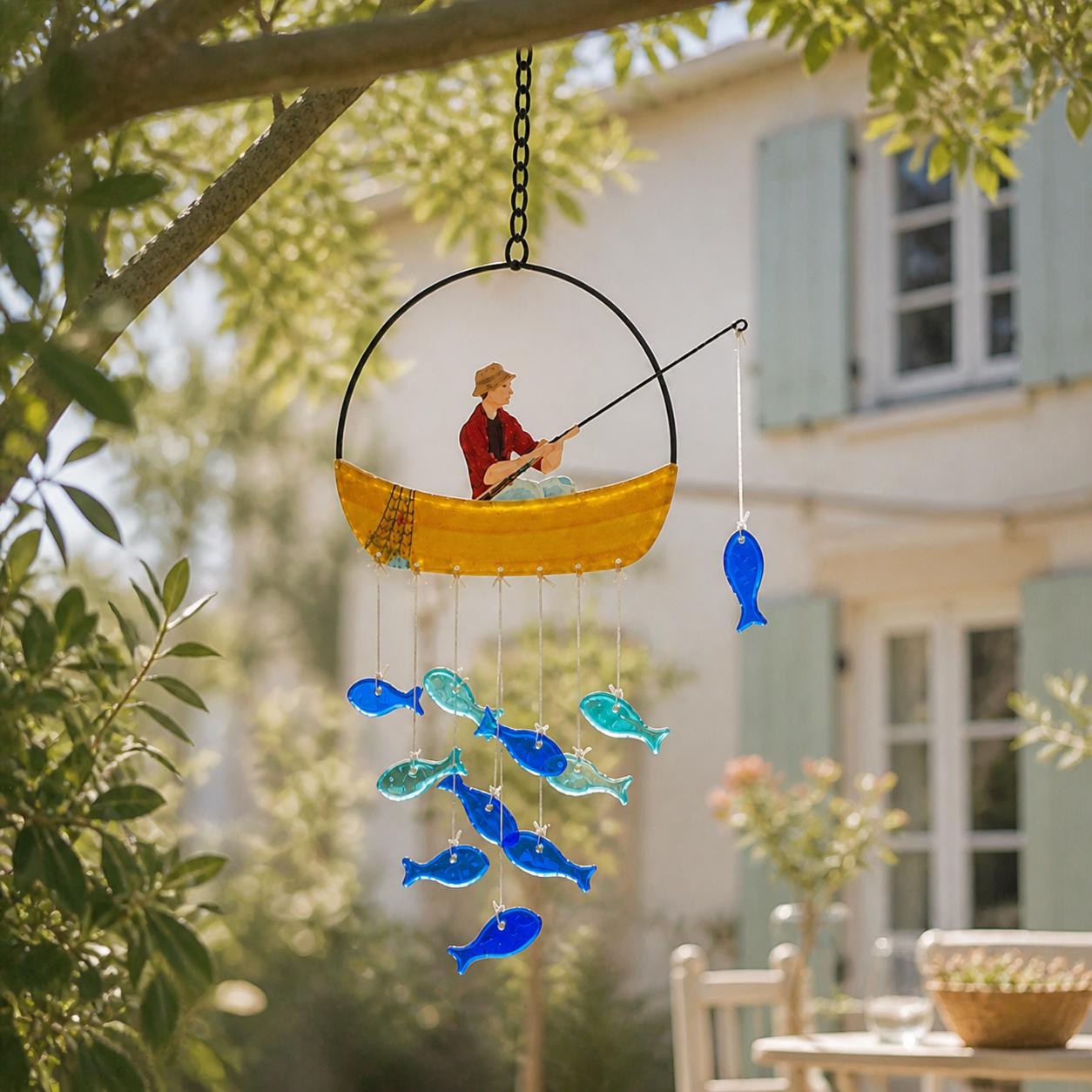 Capteur de soleil côtier en vitrail motif sardine, suspension en verre fait main bleu océan pour fenêtre