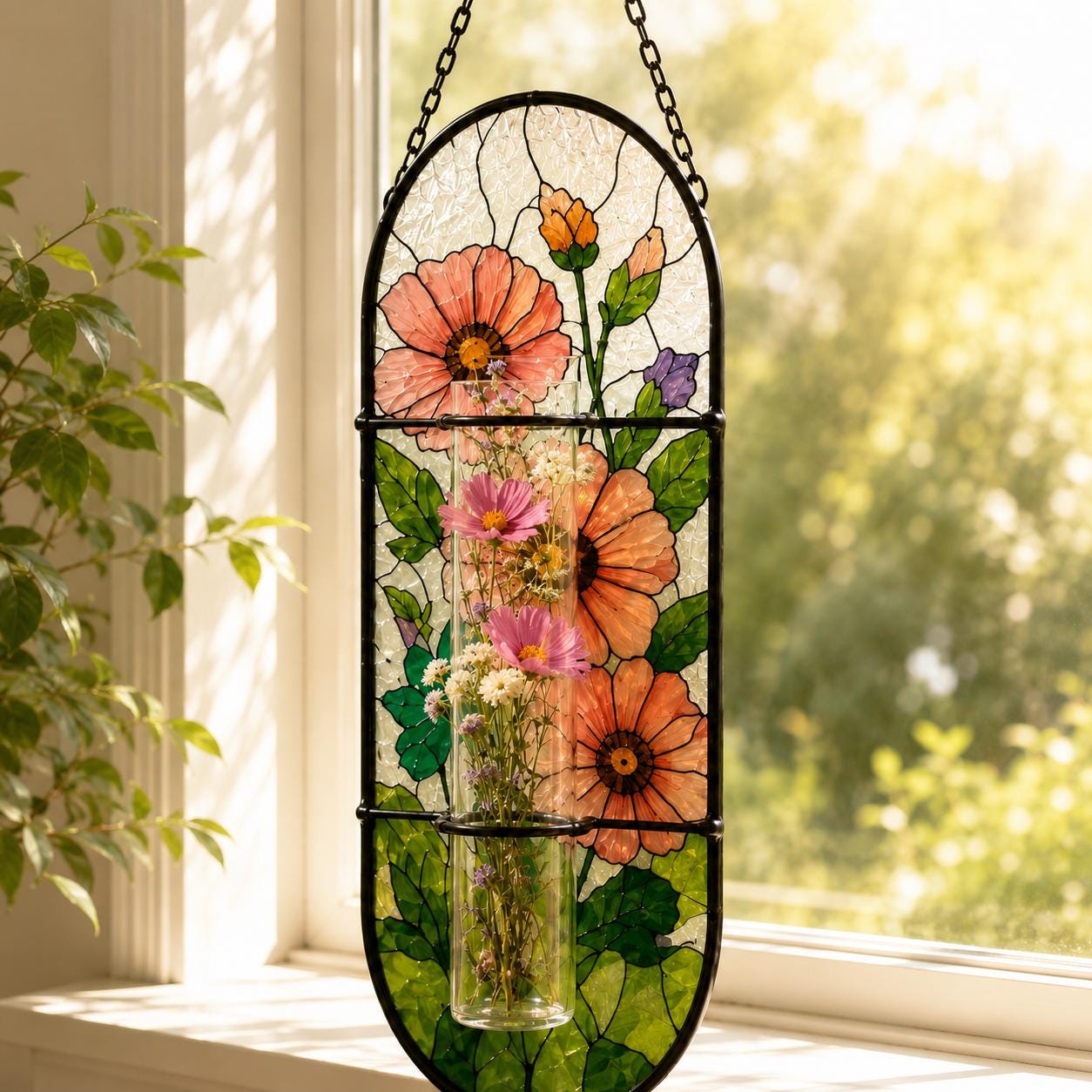 Vase à fleurs en vitrail pivoine attrape-soleil, cadeau pour amateur de jardin