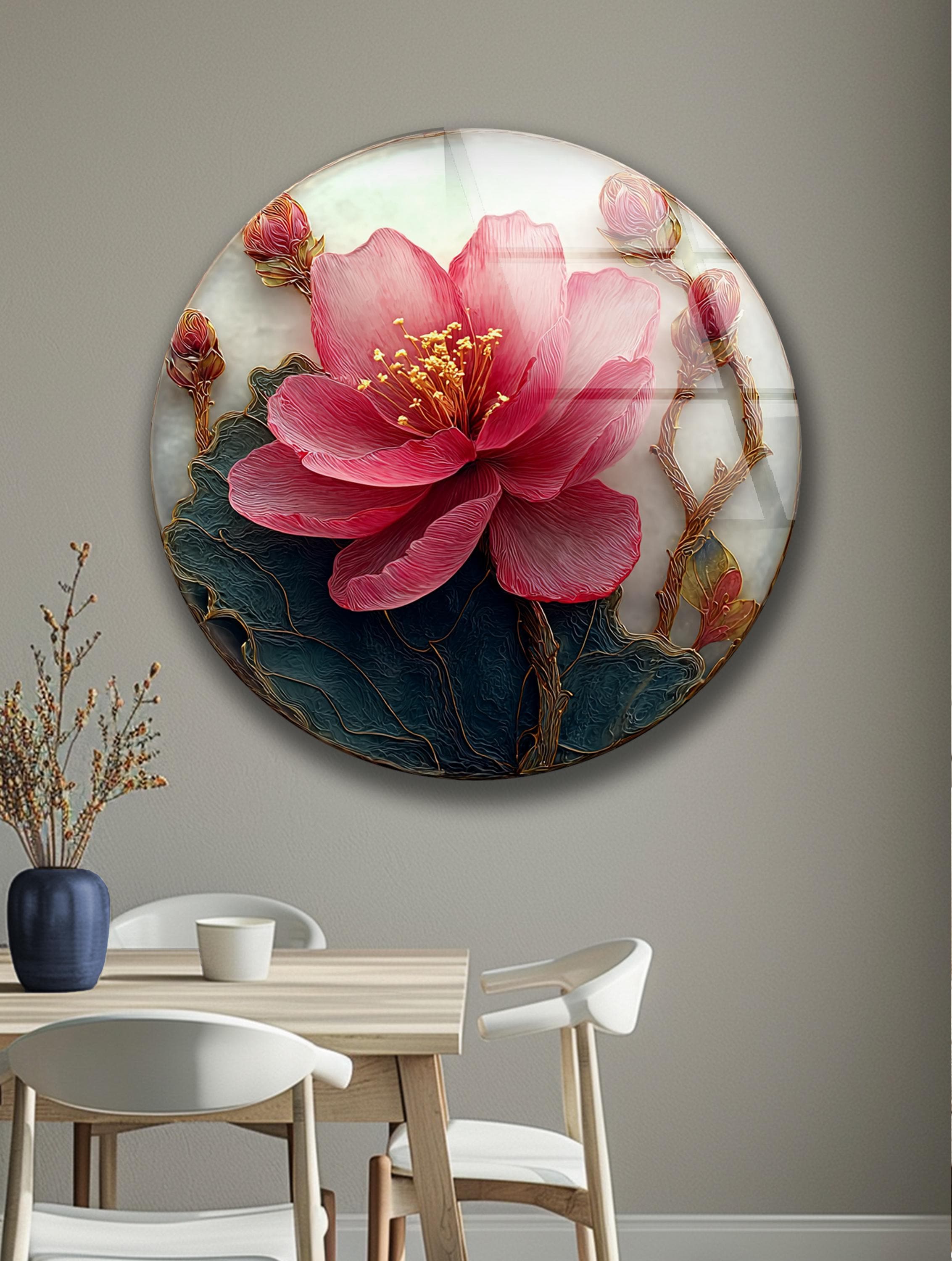Art mural floral en verre rond avec pivoine rose, idée cadeau maison
