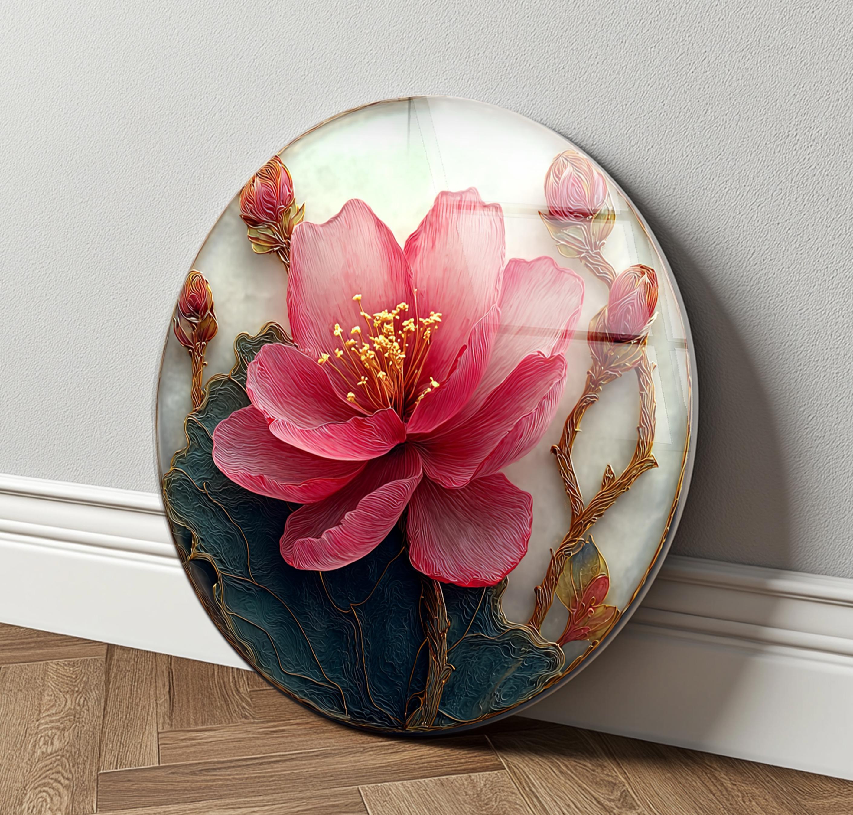Art mural floral en verre rond avec pivoine rose, idée cadeau maison
