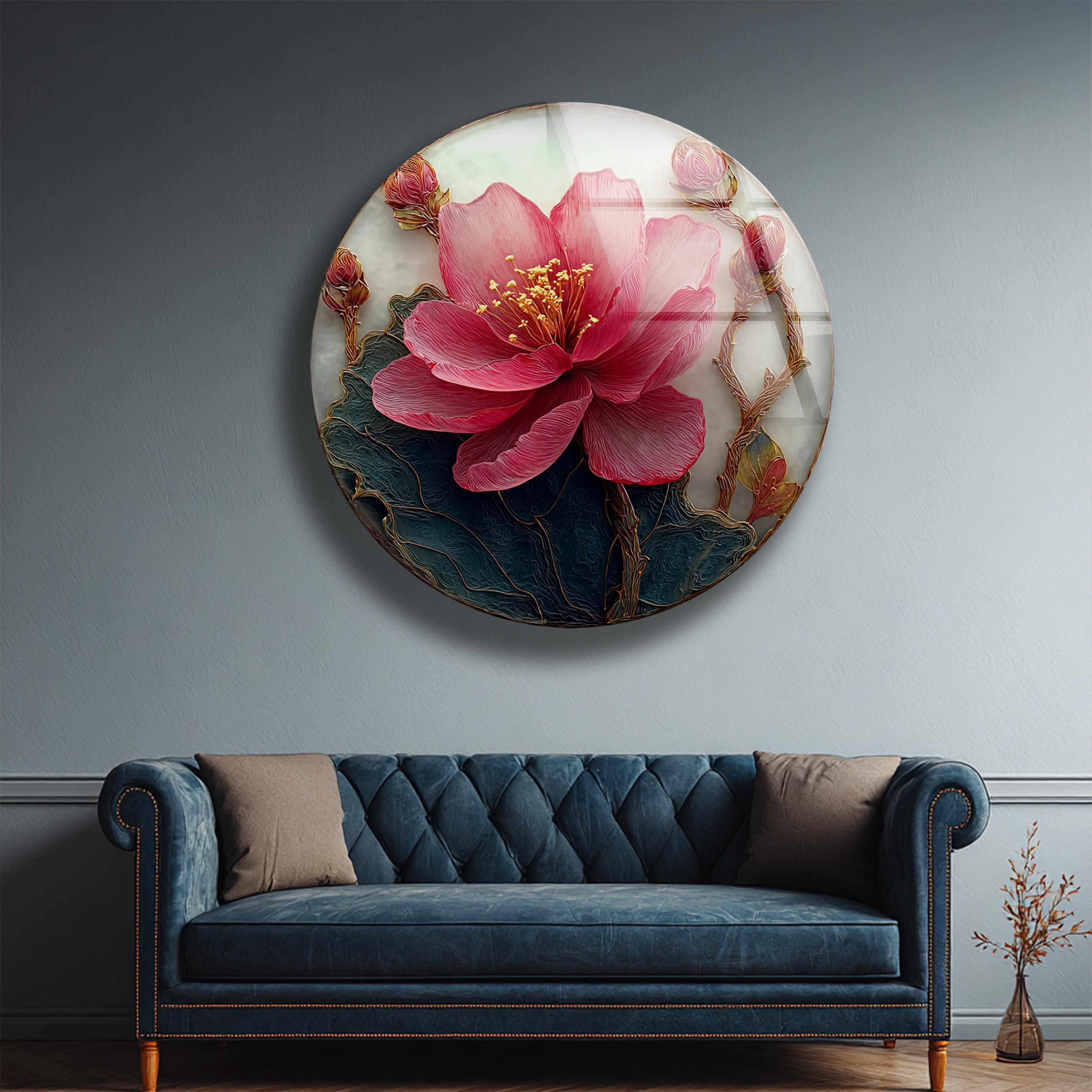 Art mural floral en verre rond avec pivoine rose, idée cadeau maison