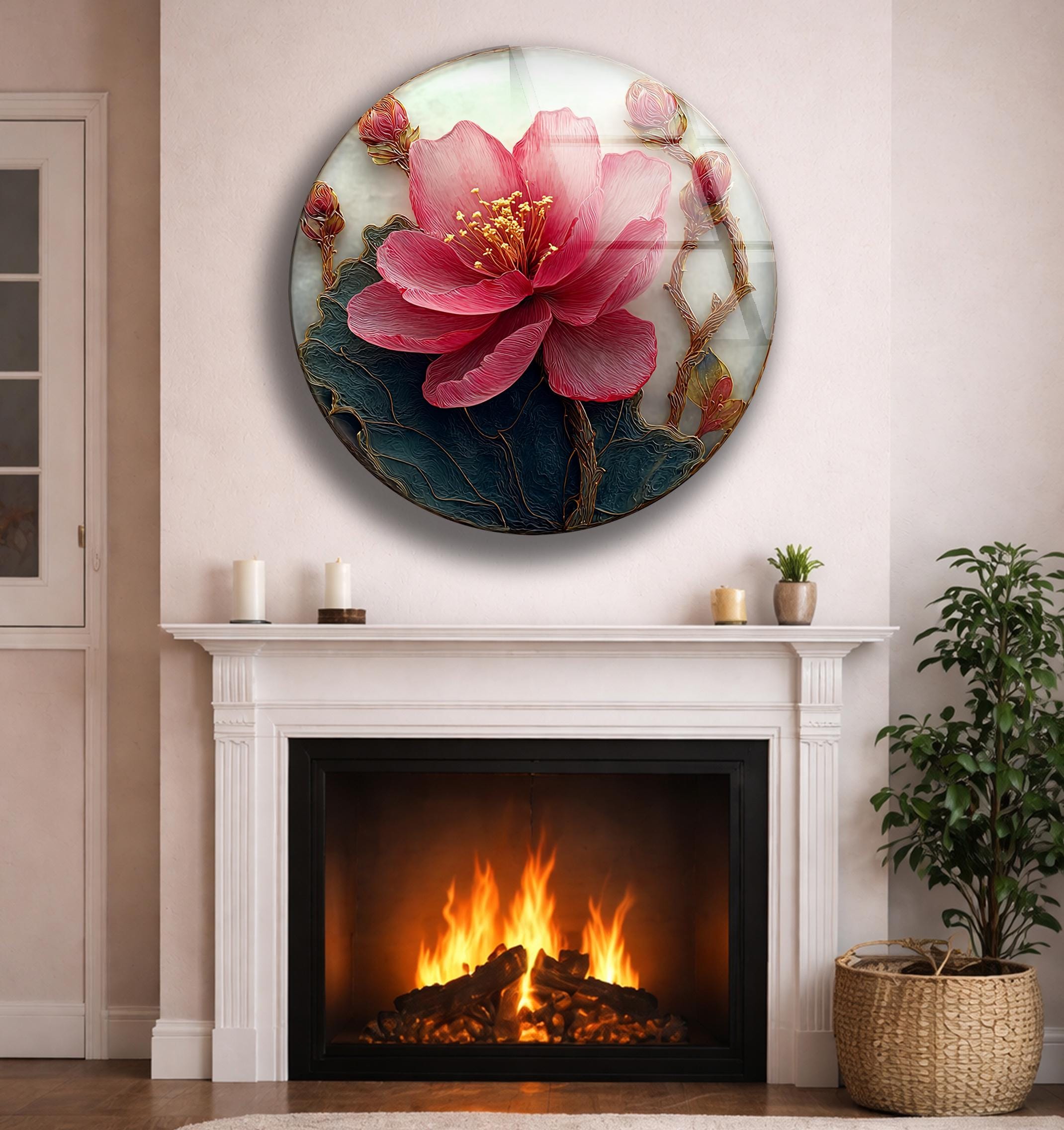 Art mural floral en verre rond avec pivoine rose, idée cadeau maison