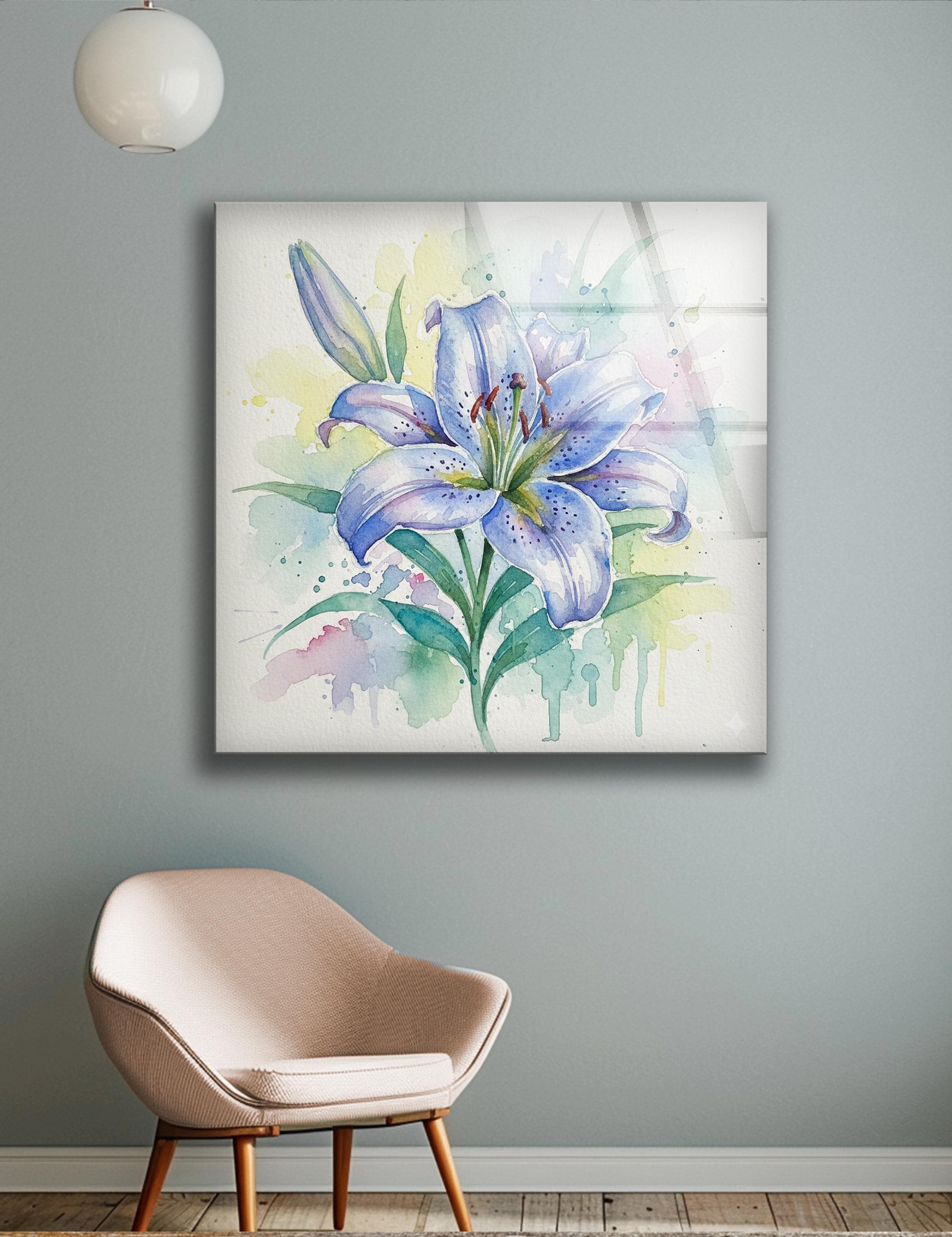 Art mural en verre avec motif de lys bleu en aquarelle, style botanique