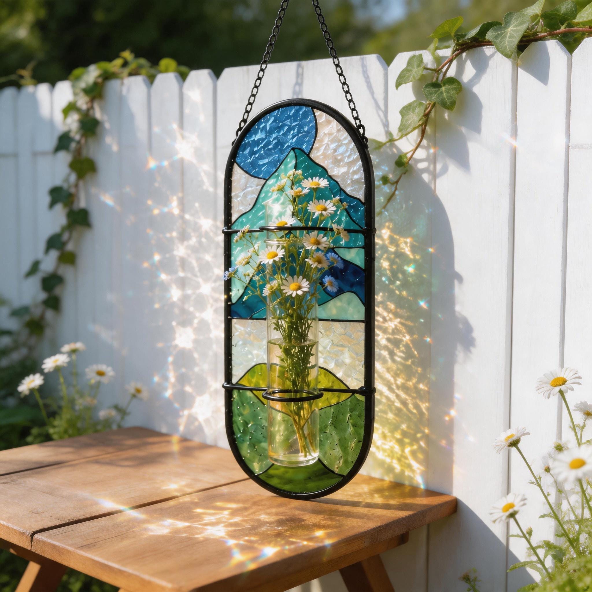 Attrape-soleil suspendu en verre teinté personnalisé, vase de fleur de naissance, décoration de propagation de fleur de fenêtre, cadeau de grand-mère, cadeau d'anniversaire