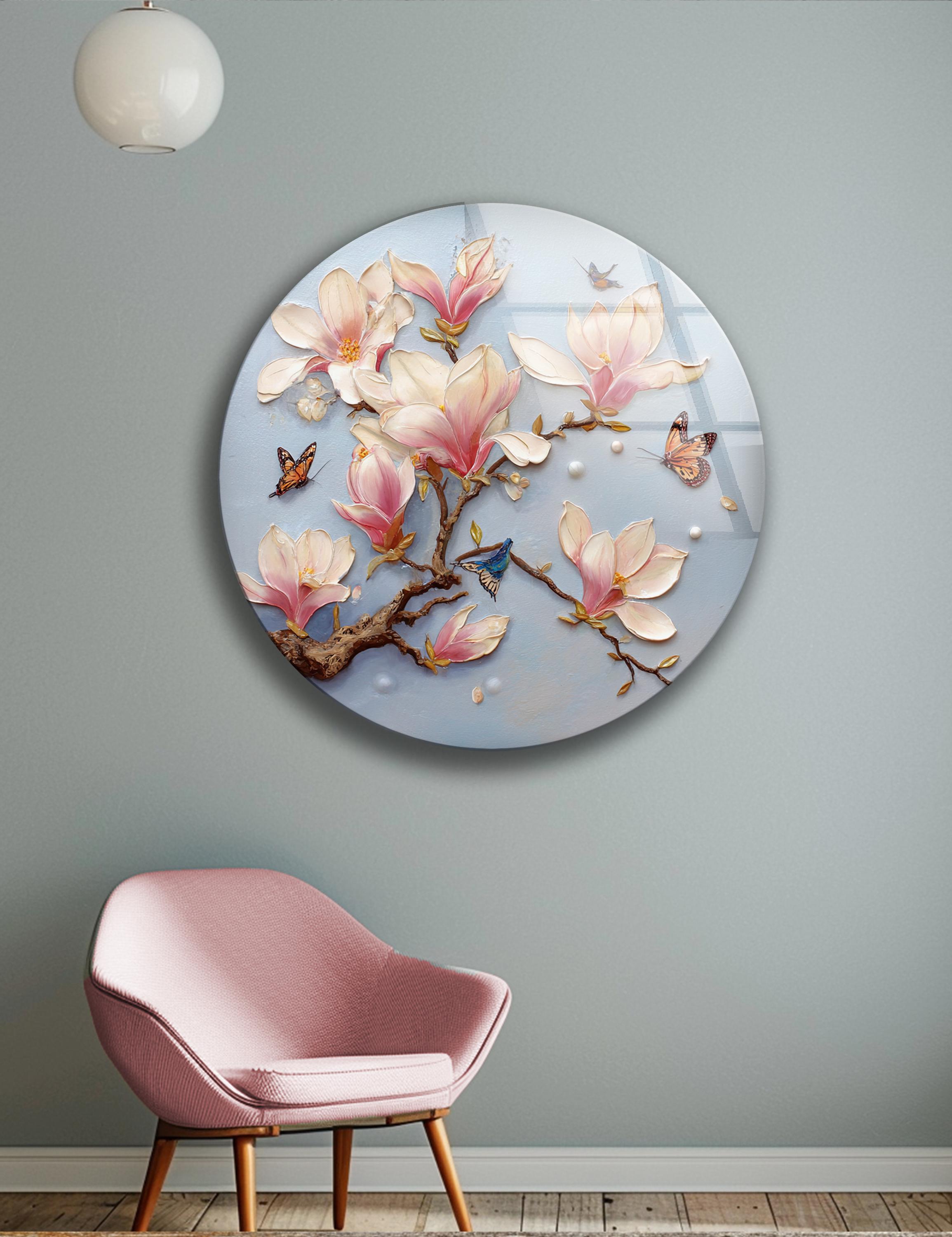 Décoration murale en verre trempé avec magnolia doux et papillon pour intérieur botanique