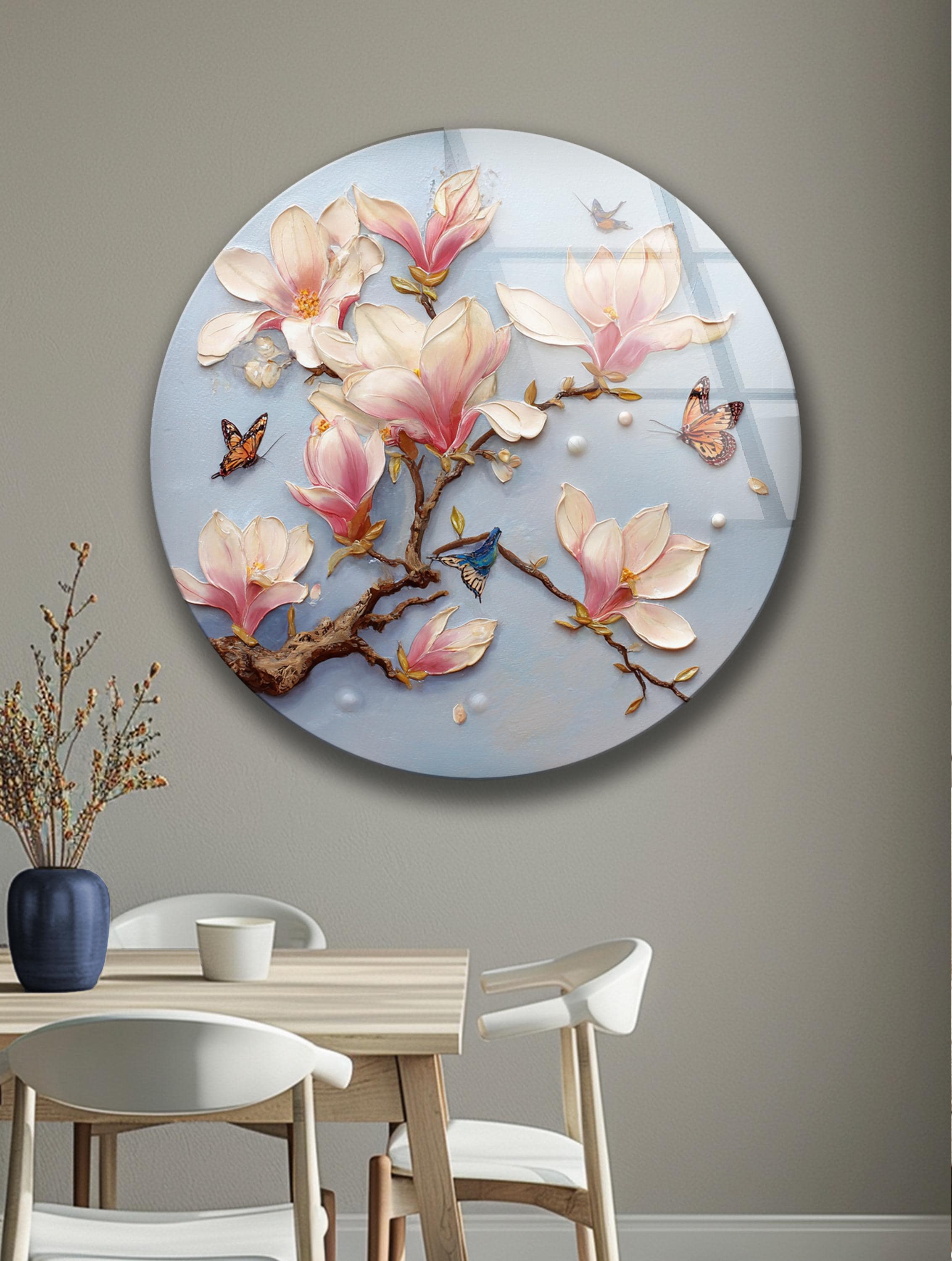 Décoration murale en verre trempé avec magnolia doux et papillon pour intérieur botanique