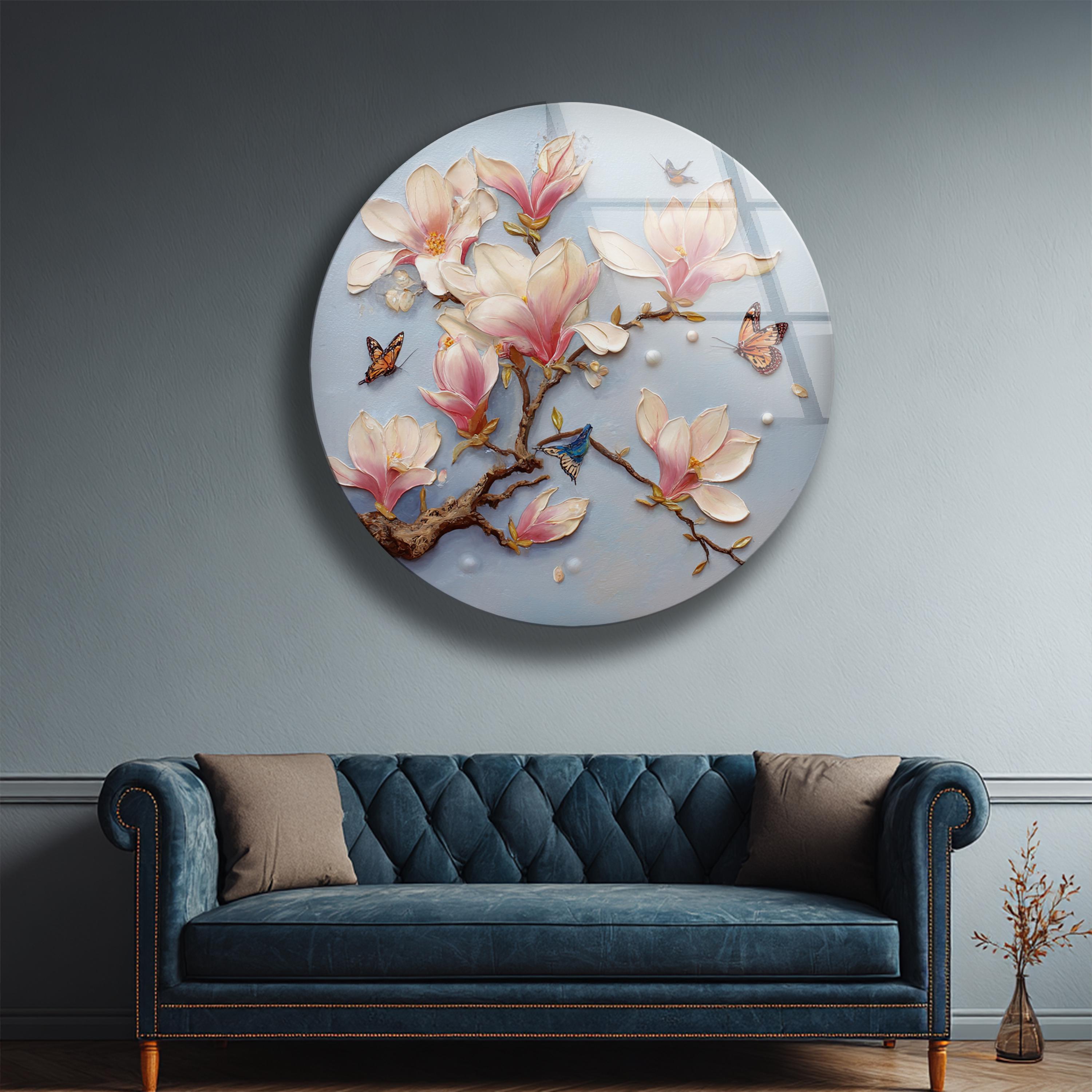 Décoration murale en verre trempé avec magnolia doux et papillon pour intérieur botanique