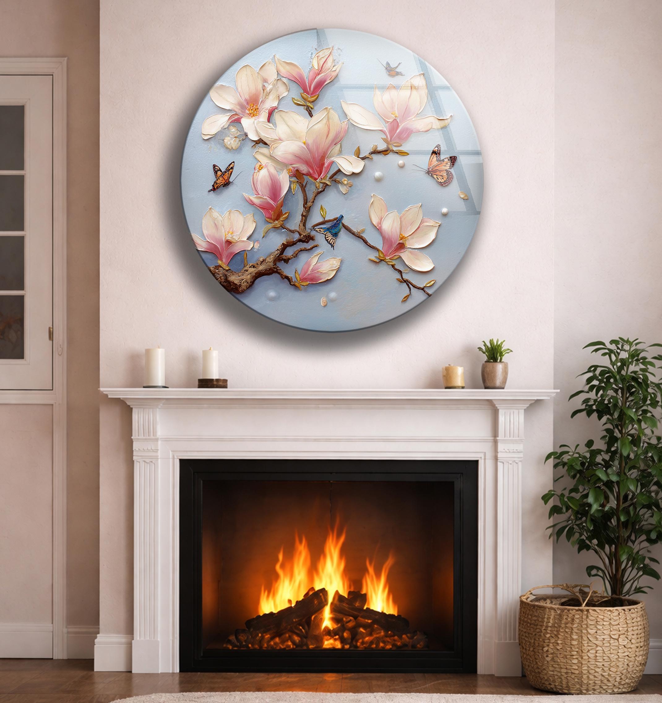 Décoration murale en verre trempé avec magnolia doux et papillon pour intérieur botanique