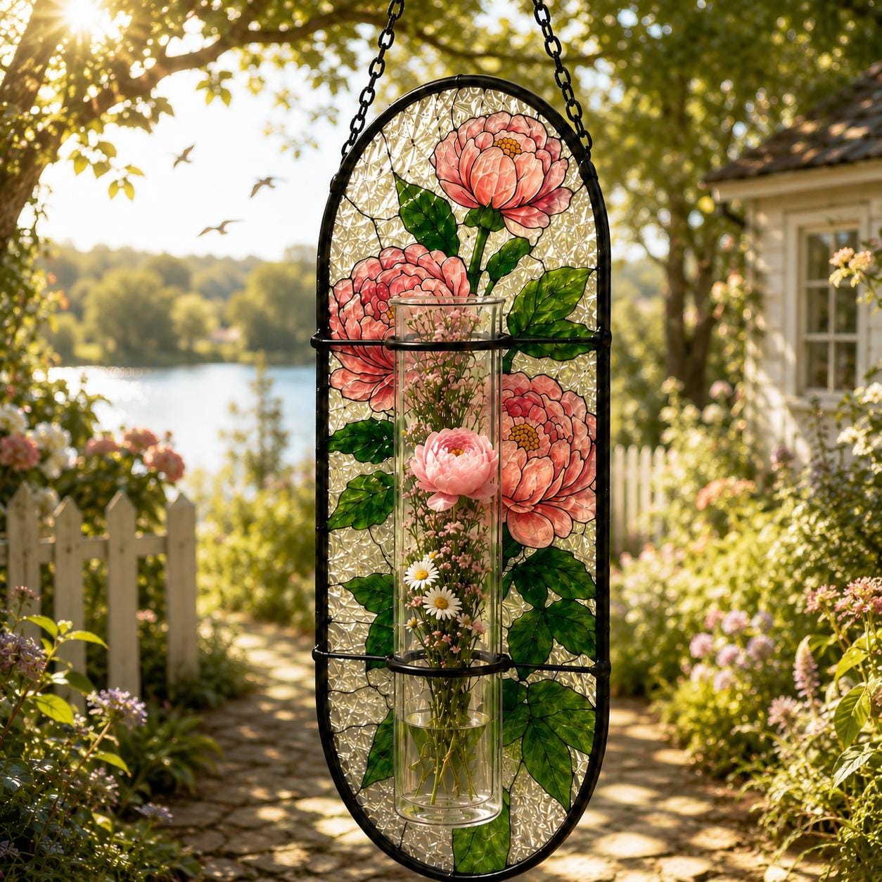 Vase à fleurs en vitrail pivoine attrape-soleil, cadeau pour amateur de jardin
