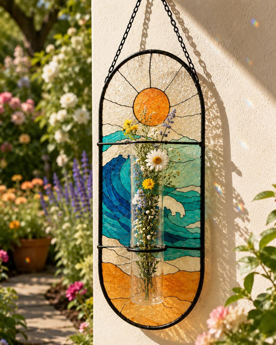 Vase à fleurs en vitrail pivoine attrape-soleil, cadeau pour amateur de jardin