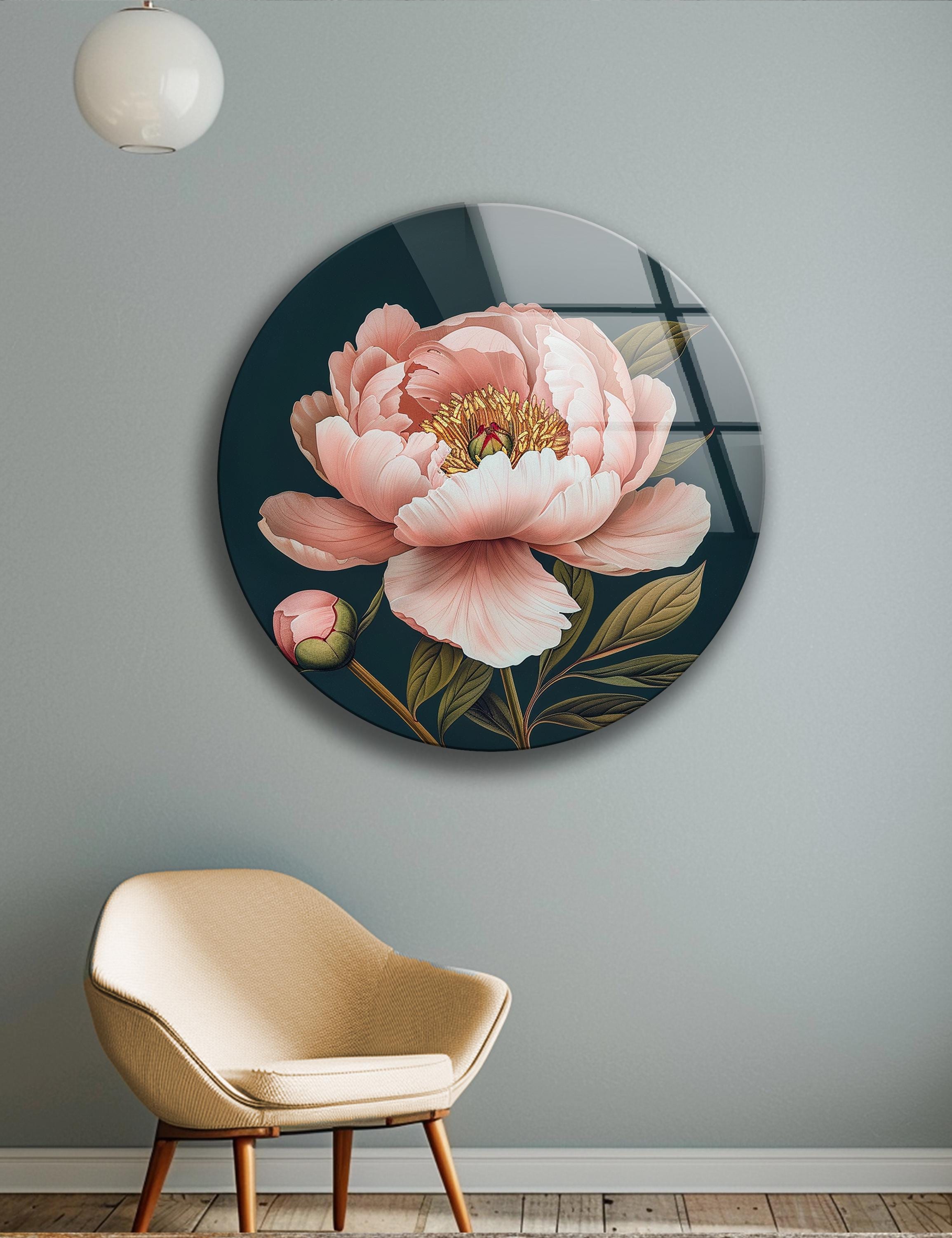 Décoration murale en verre trempé avec pivoine rose et accents bleu marine pour intérieur botanique