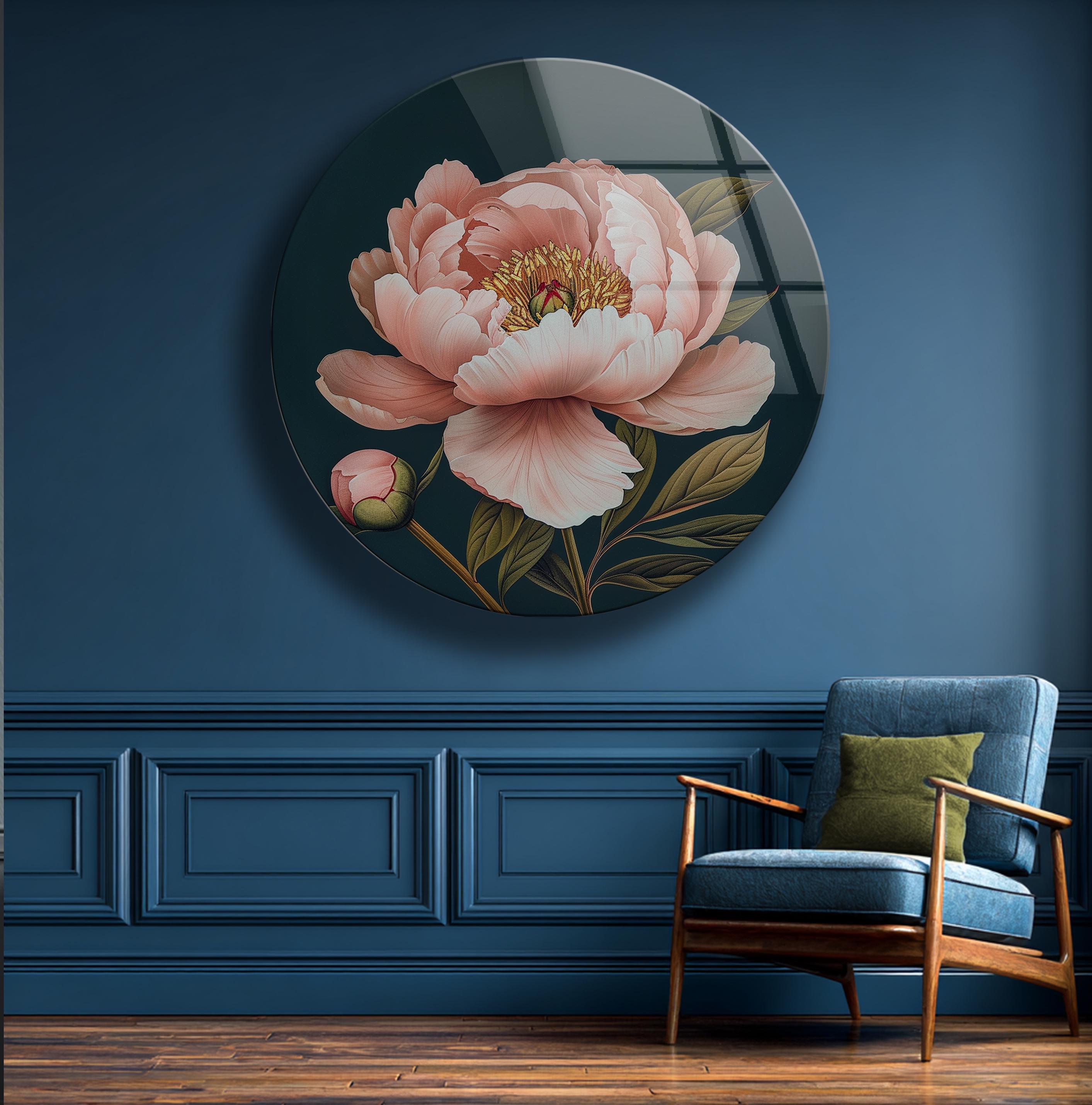 Décoration murale en verre trempé avec pivoine rose et accents bleu marine pour intérieur botanique