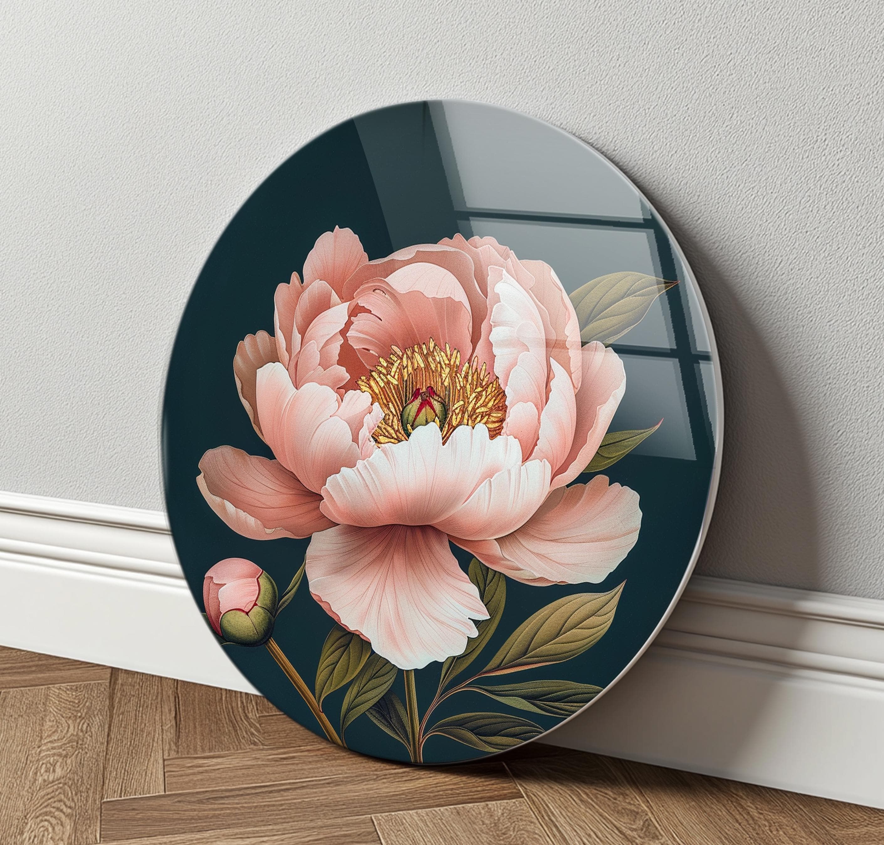 Décoration murale en verre trempé avec pivoine rose et accents bleu marine pour intérieur botanique