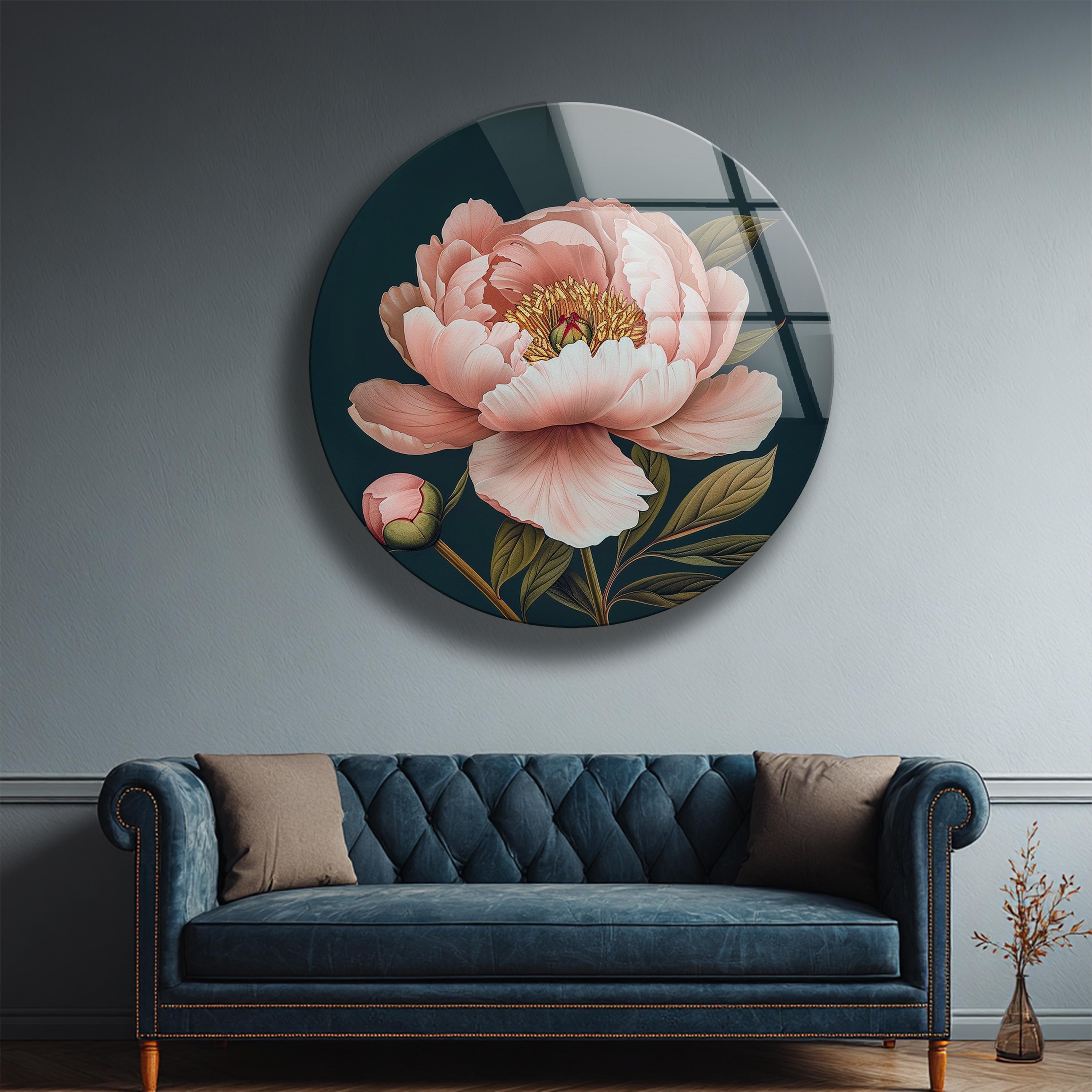 Décoration murale en verre trempé avec pivoine rose et accents bleu marine pour intérieur botanique
