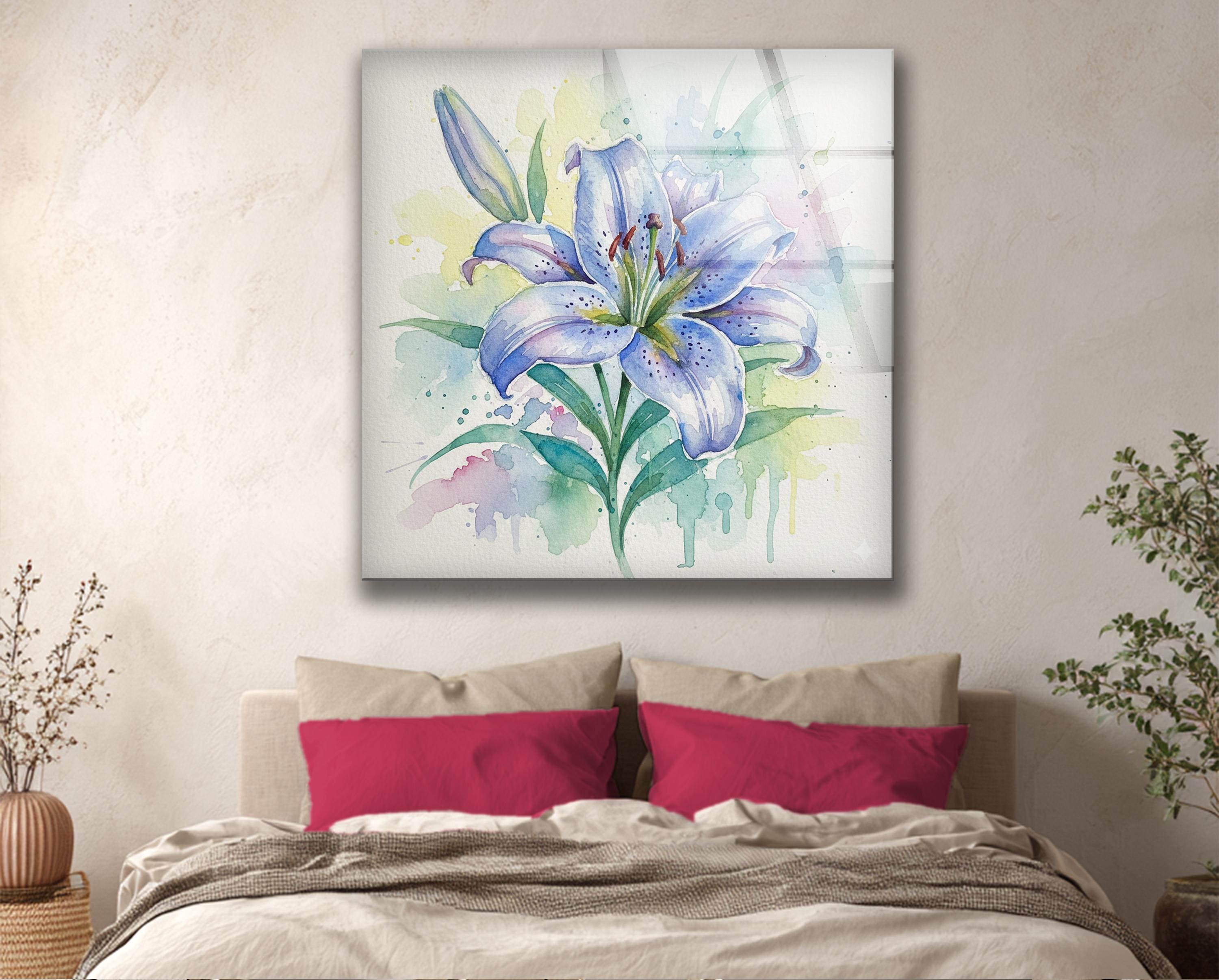 Art mural en verre avec motif de lys bleu en aquarelle, style botanique