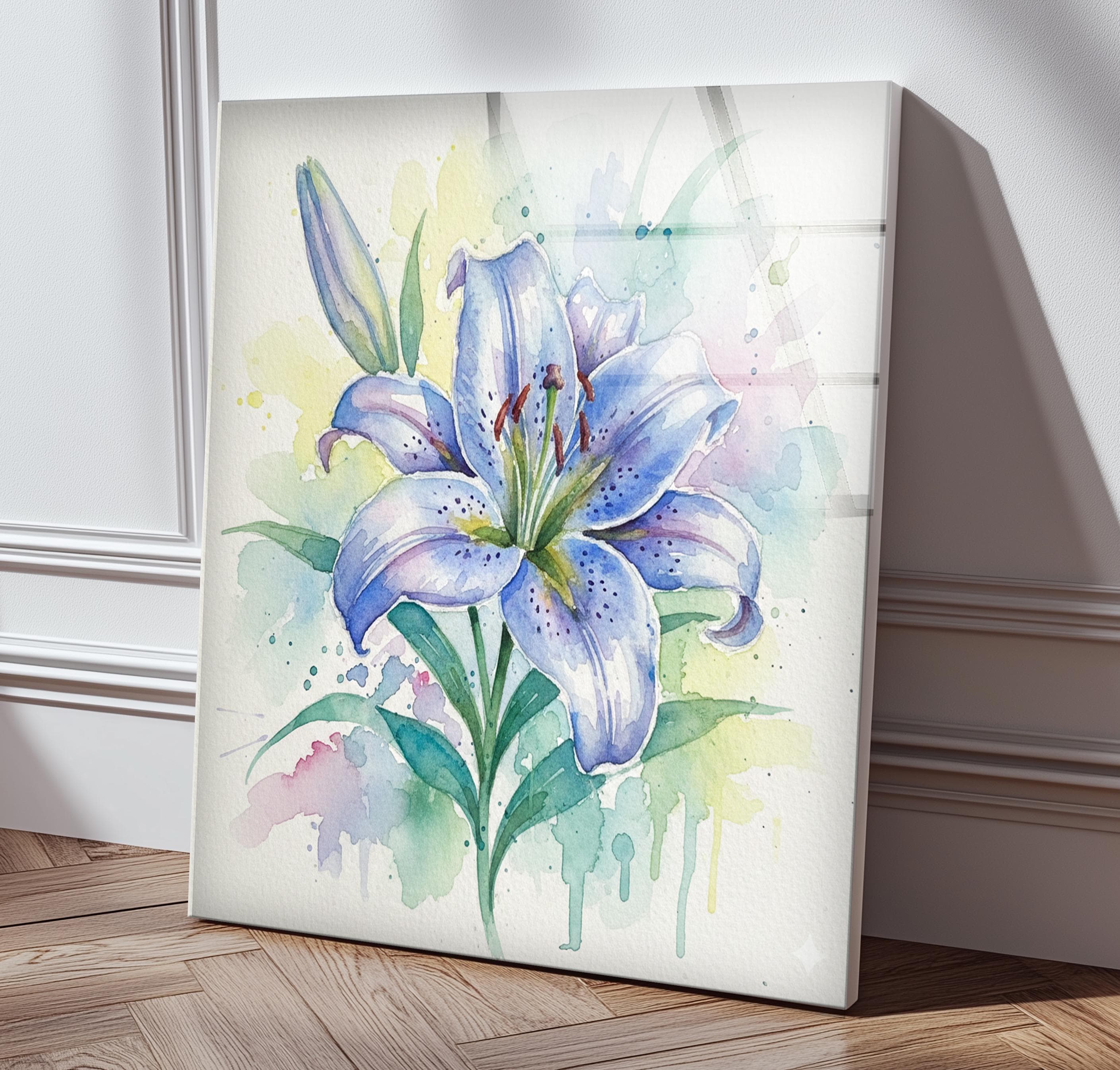 Art mural en verre avec motif de lys bleu en aquarelle, style botanique