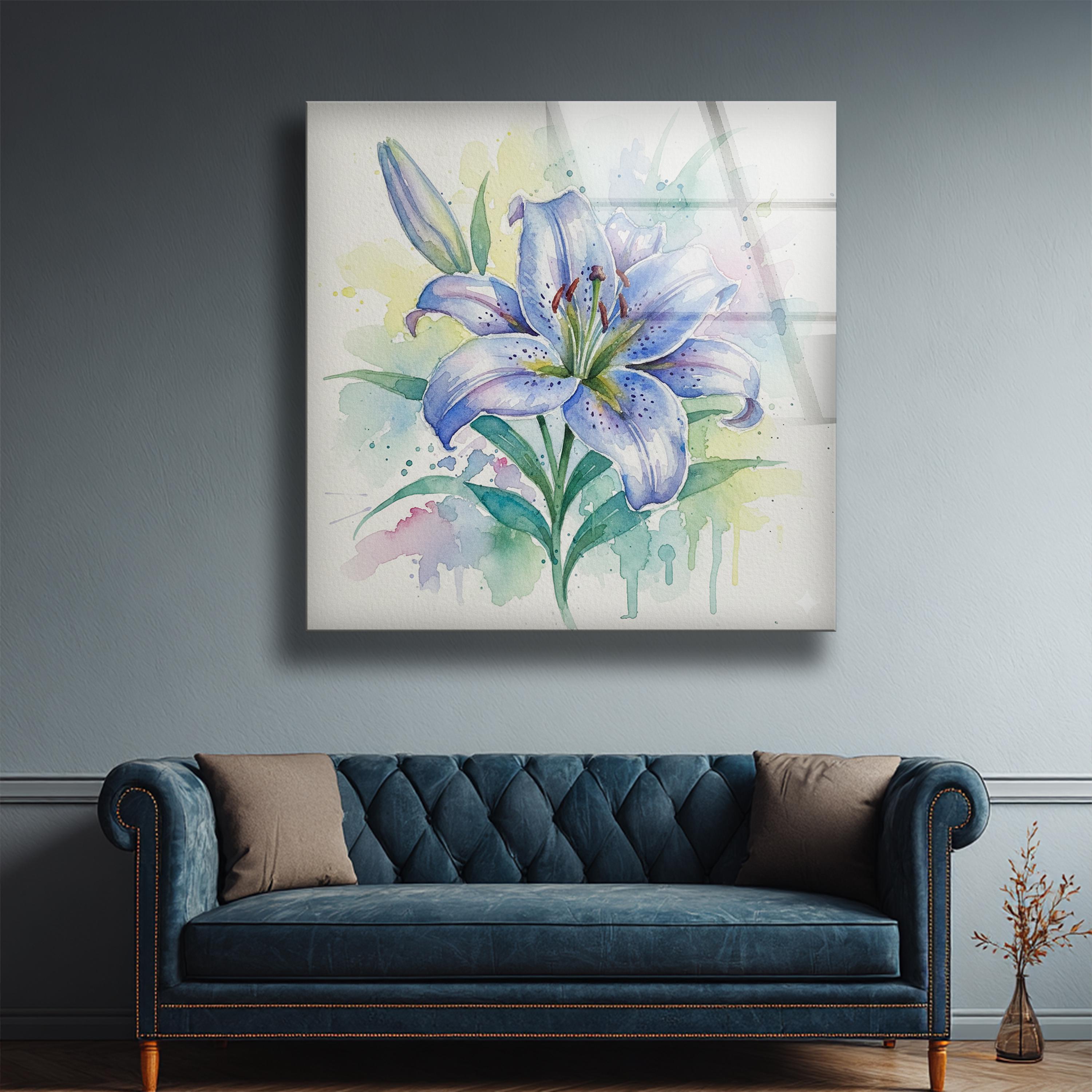 Art mural en verre avec motif de lys bleu en aquarelle, style botanique