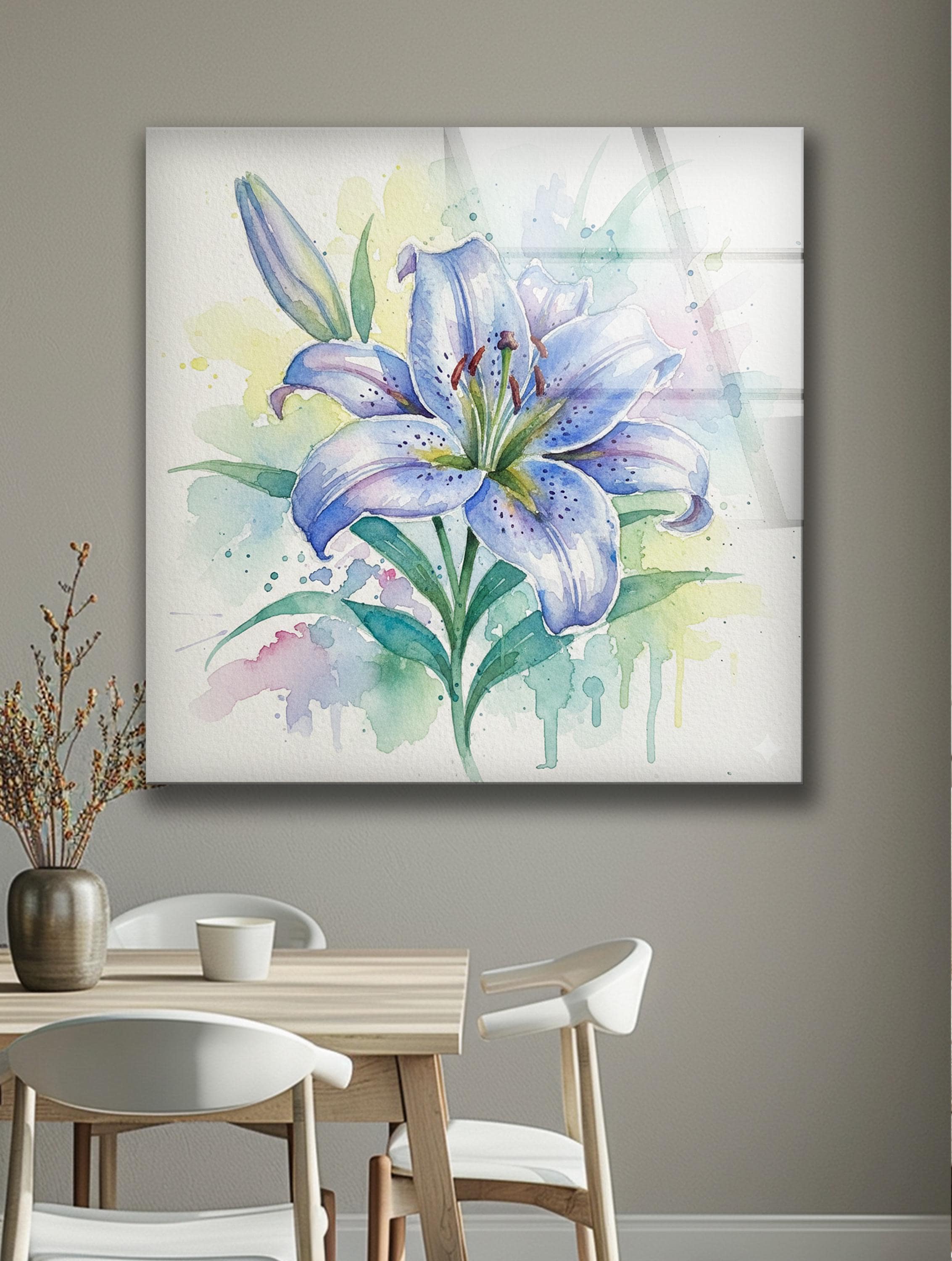 Art mural en verre avec motif de lys bleu en aquarelle, style botanique