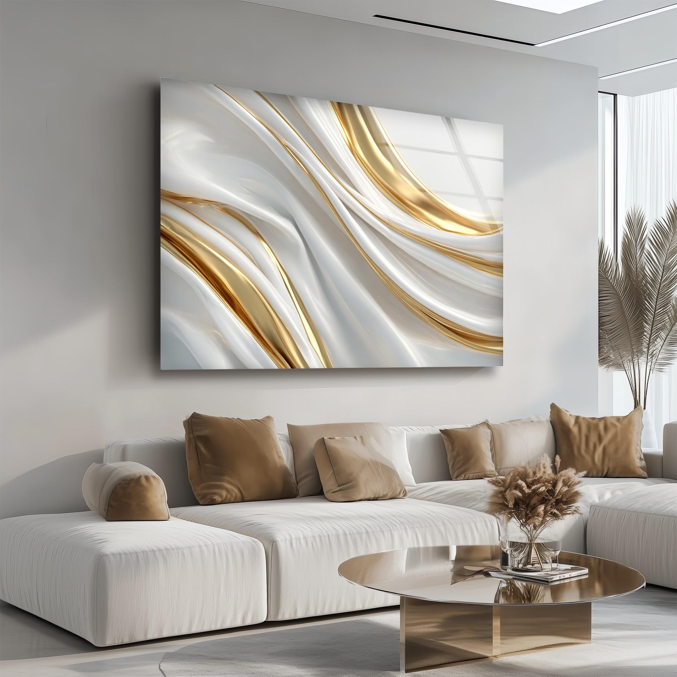 Art mural en verre design blanc et doré, motifs fluides modernes
