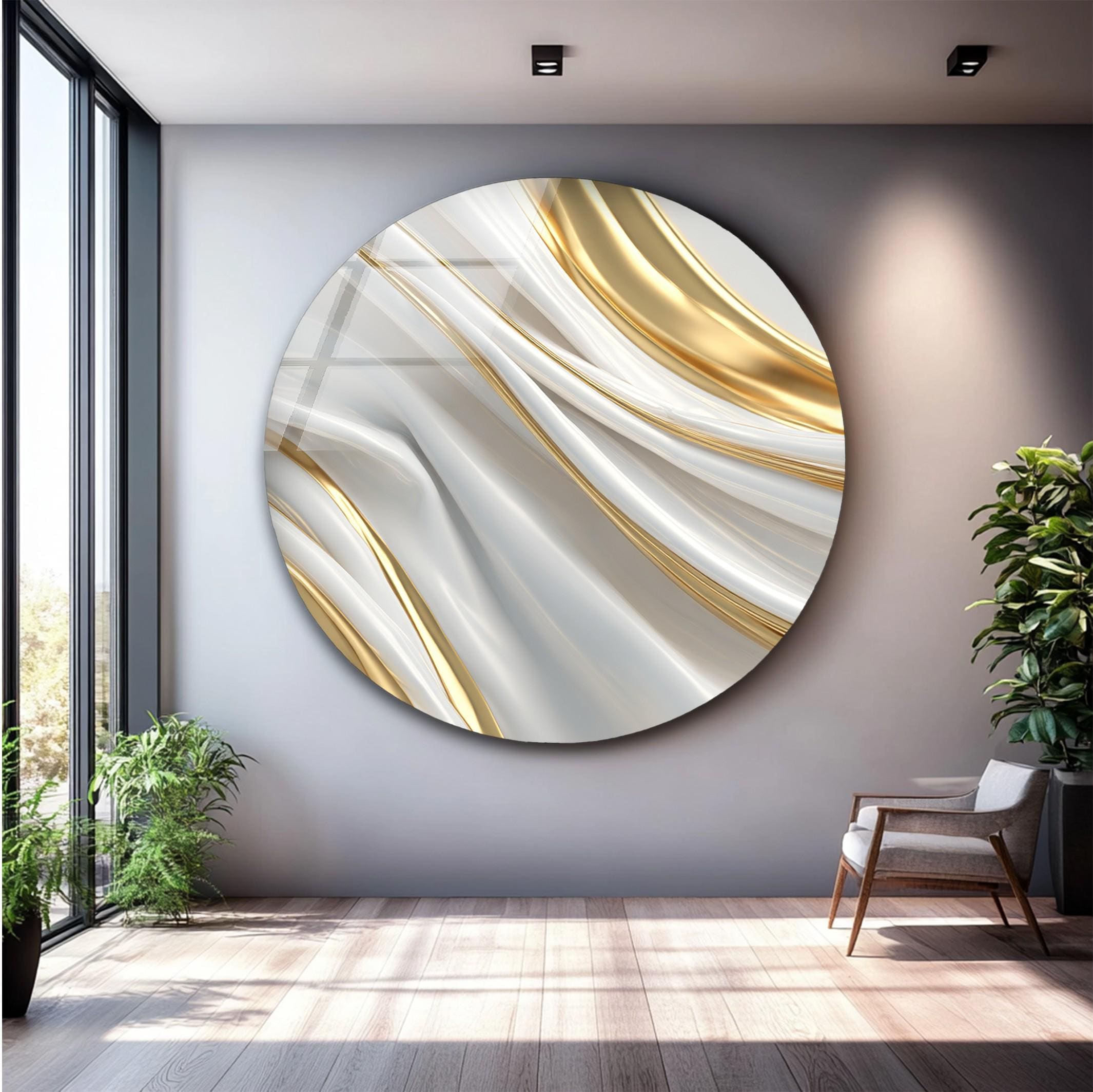 Art mural en verre design blanc et doré, motifs fluides modernes