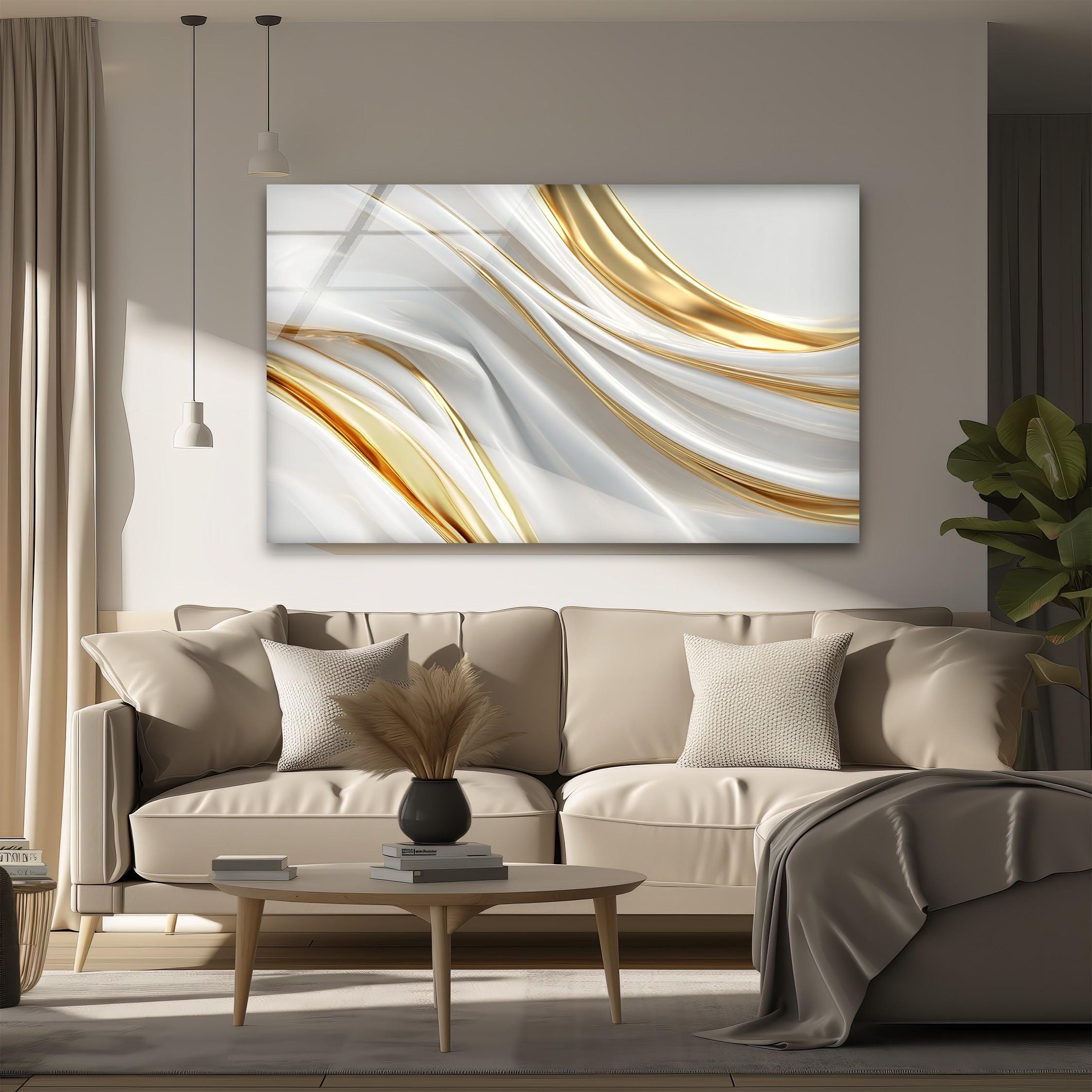 Art mural en verre design blanc et doré, motifs fluides modernes