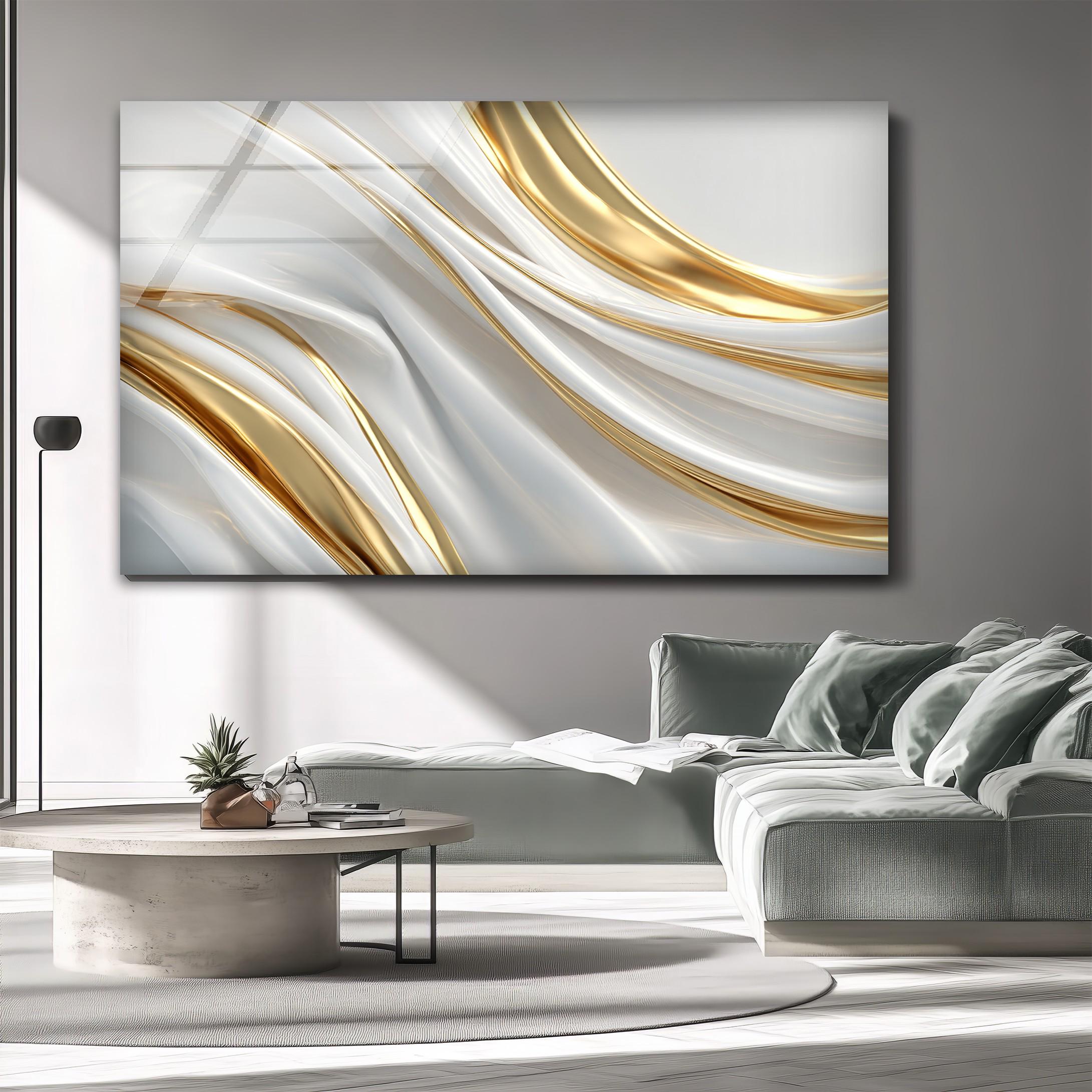 Art mural en verre design blanc et doré, motifs fluides modernes