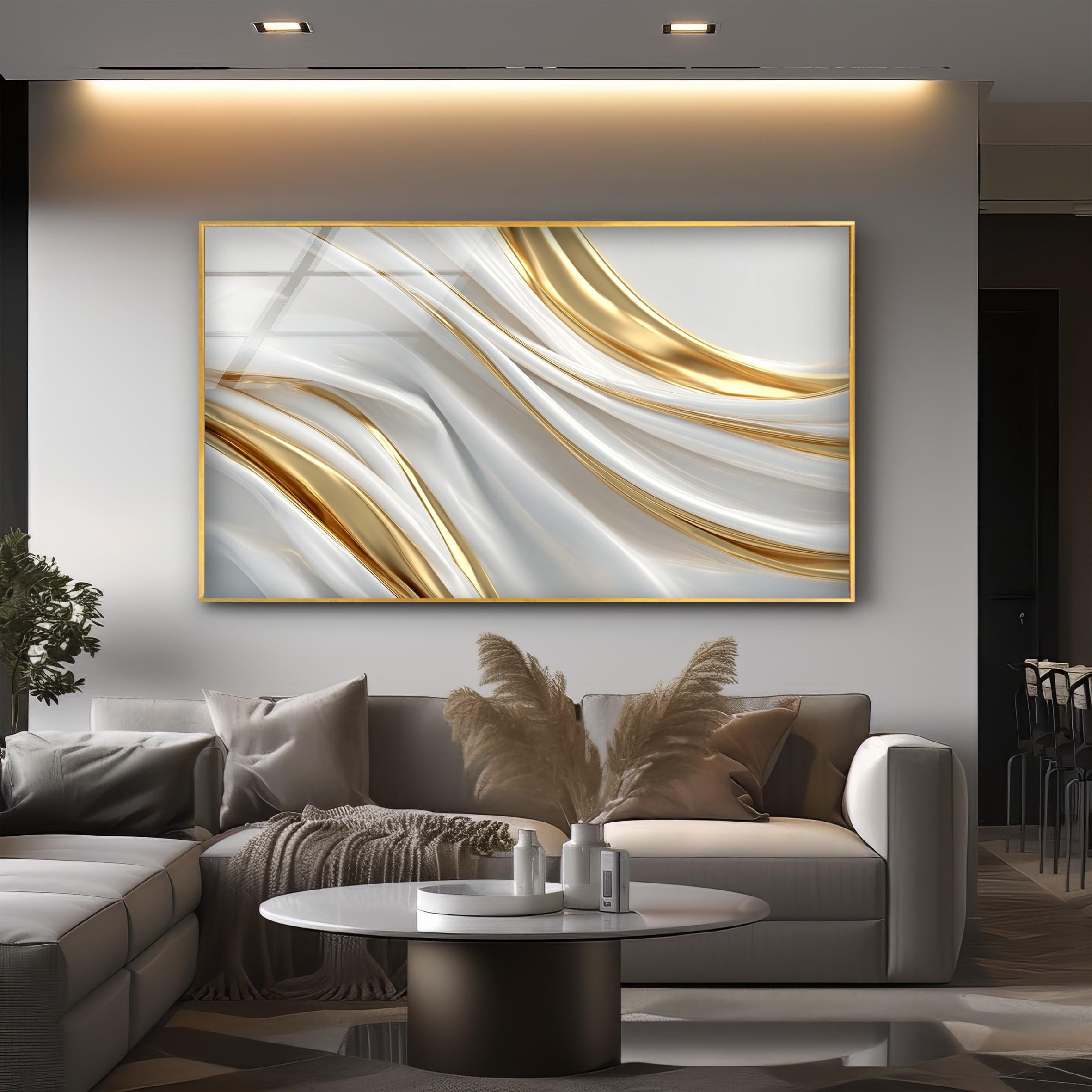 Art mural en verre design blanc et doré, motifs fluides modernes