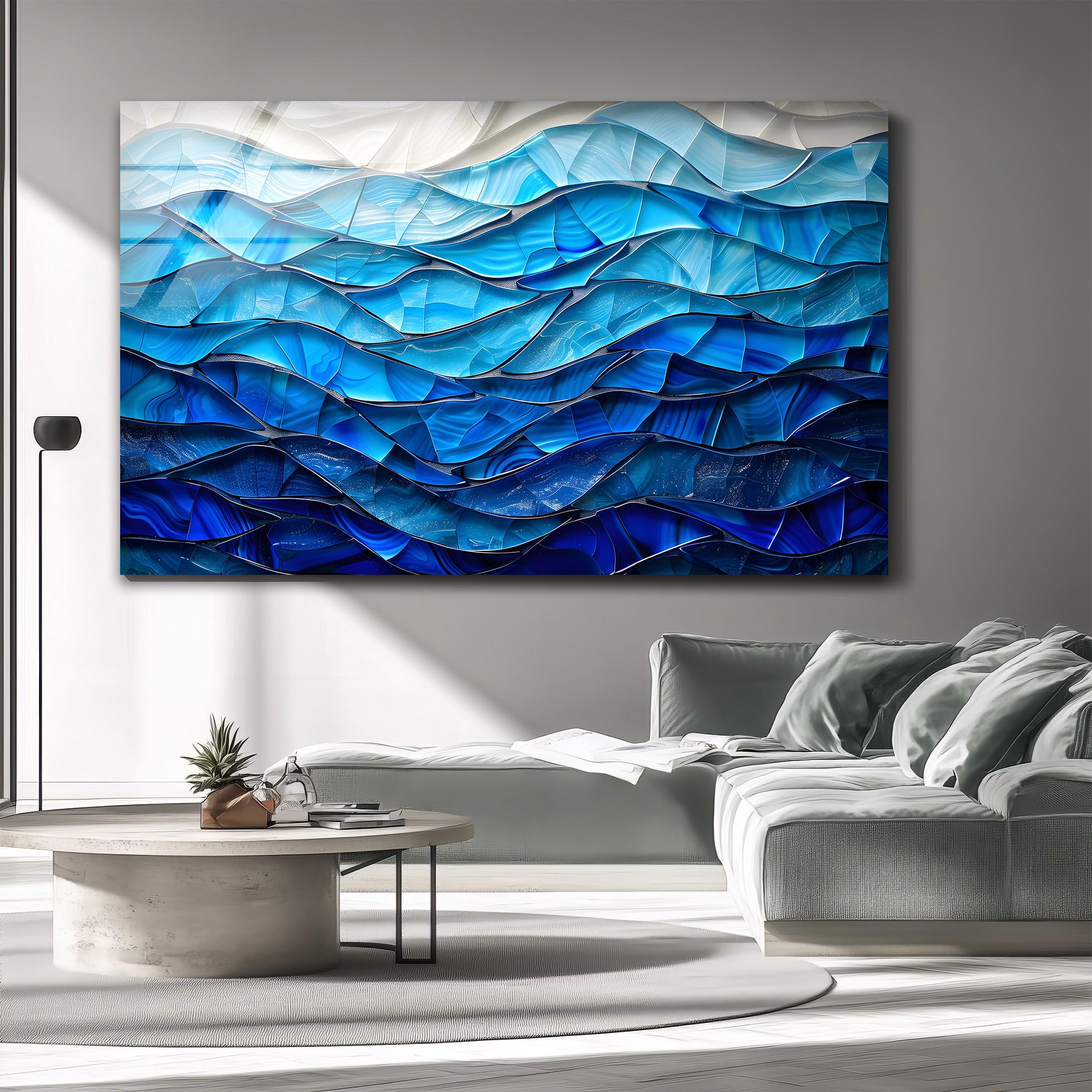 Art mural abstrait en verre bleu océan, impression sur verre vague moderne, décoration murale mer côtière