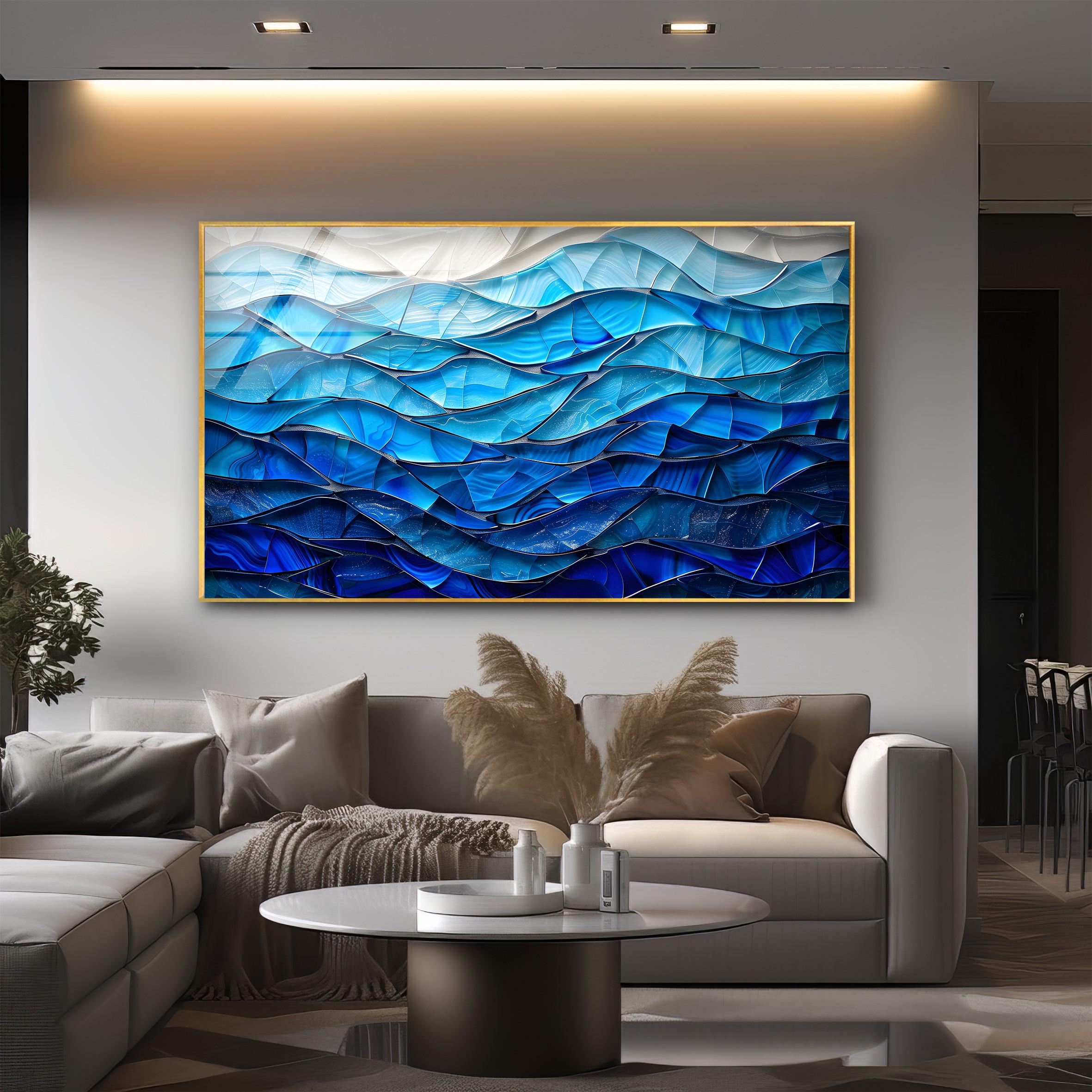 Art mural abstrait en verre bleu océan, impression sur verre vague moderne, décoration murale mer côtière