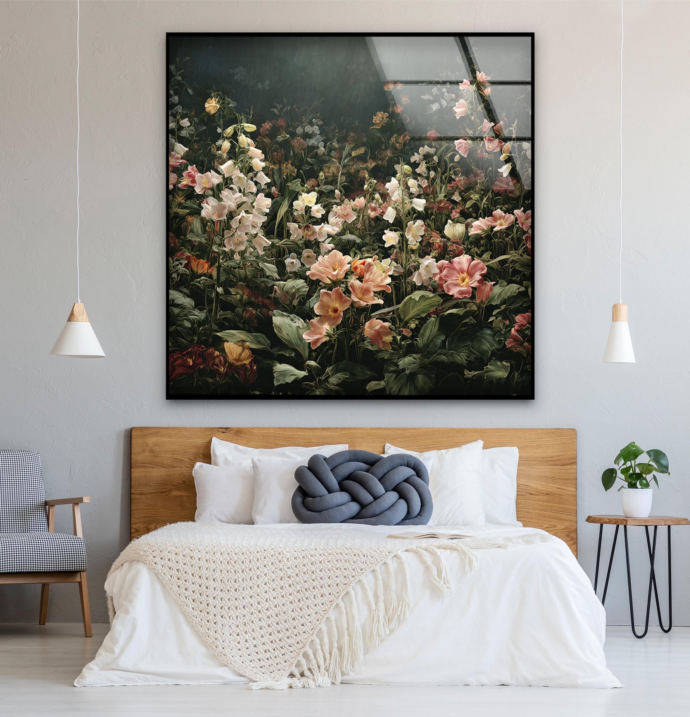 Art mural en verre de jardin floral de mauvaise humeur, décoration murale botanique sombre