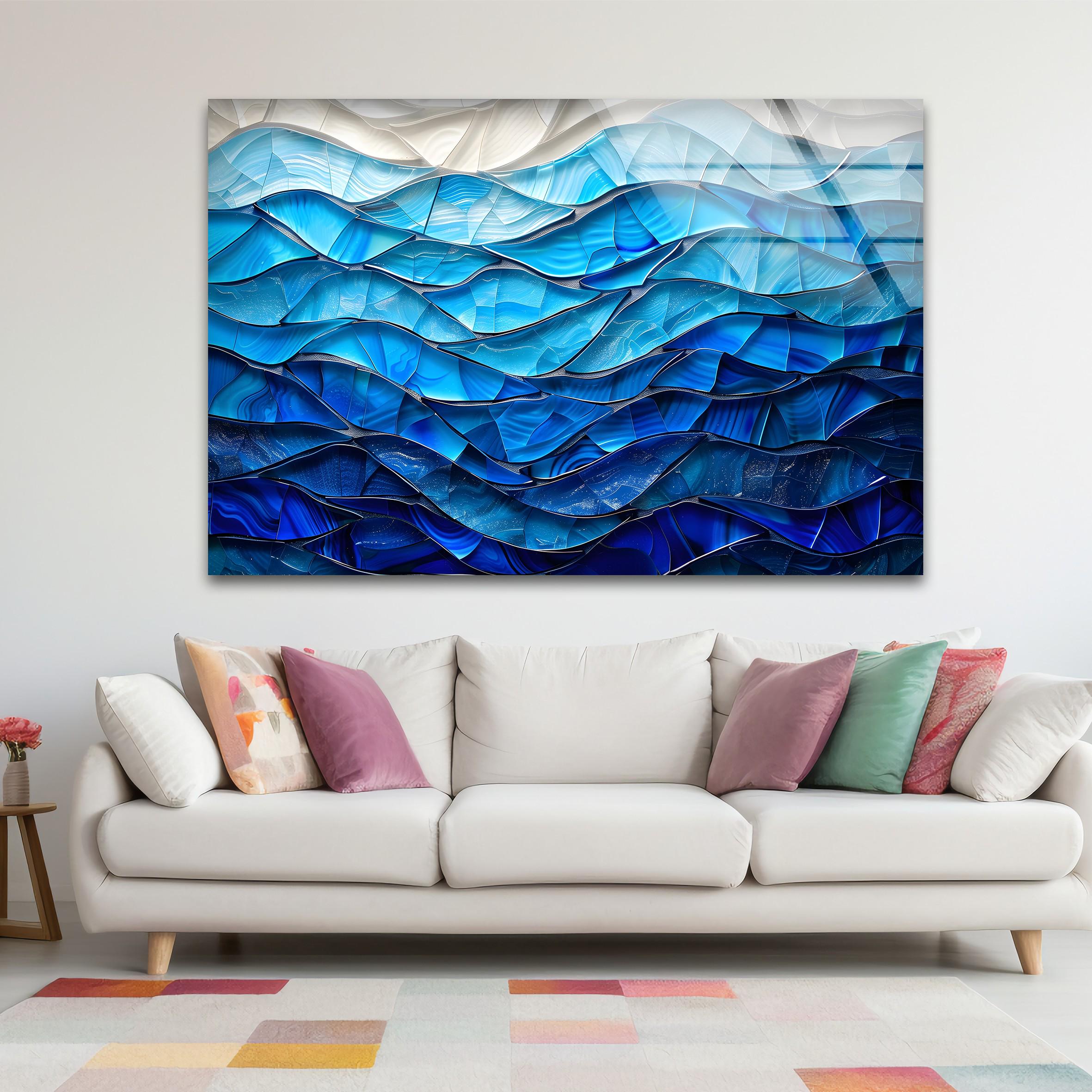 Art mural abstrait en verre bleu océan, impression sur verre vague moderne, décoration murale mer côtière