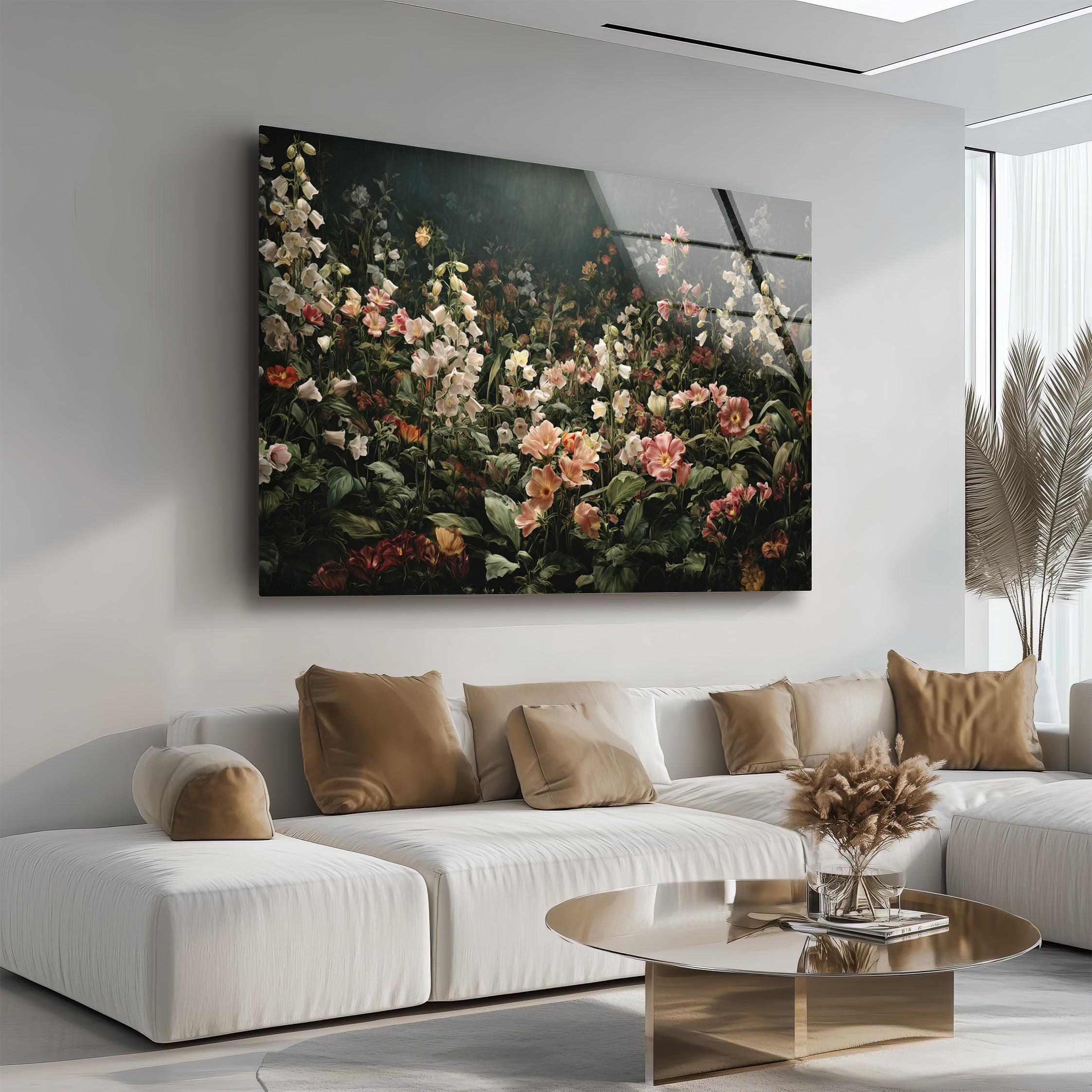 Art mural en verre de jardin floral de mauvaise humeur, décoration murale botanique sombre