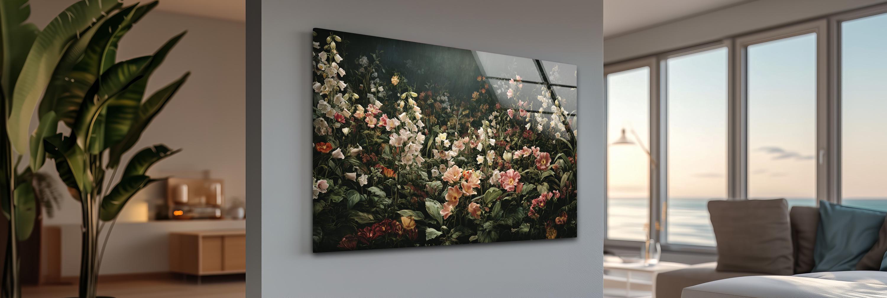 Art mural en verre de jardin floral de mauvaise humeur, décoration murale botanique sombre