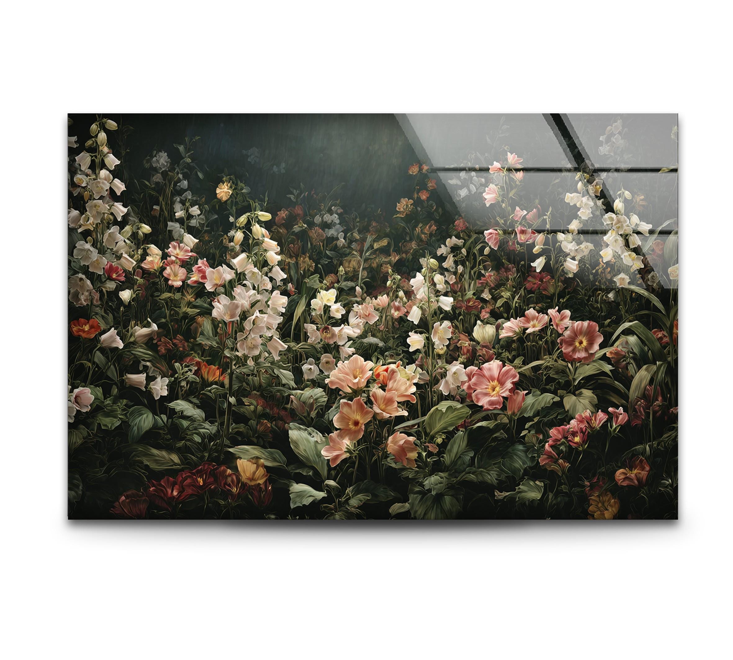 Art mural en verre de jardin floral de mauvaise humeur, décoration murale botanique sombre