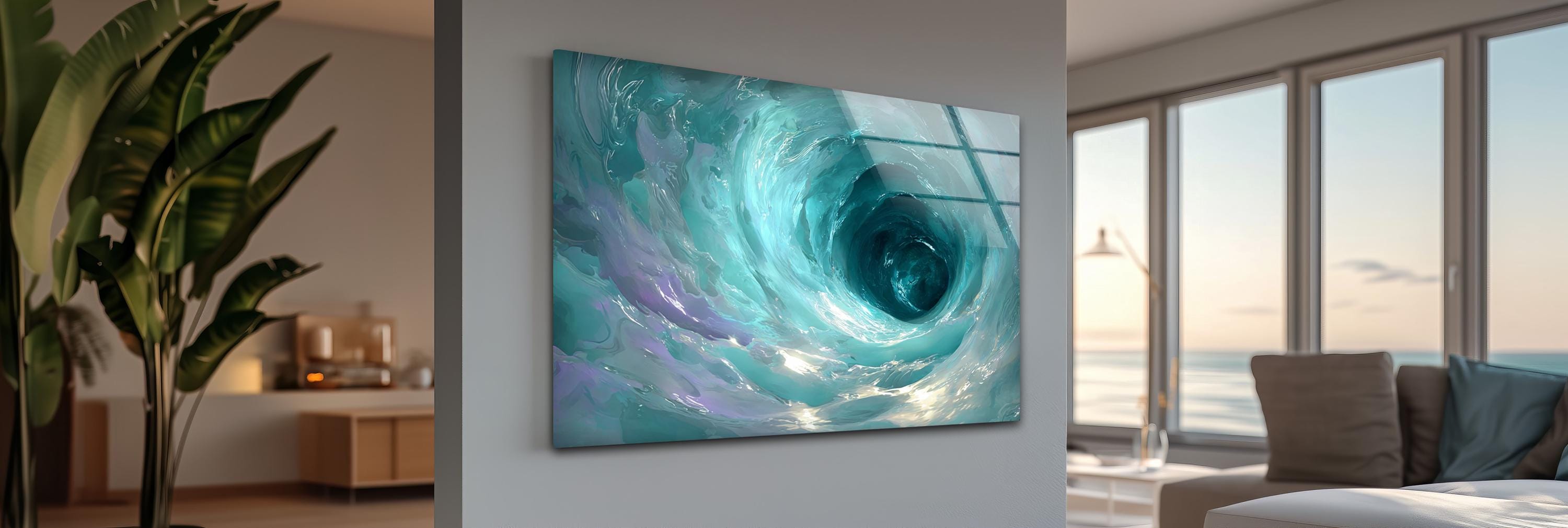 Impression sur verre tourbillon turquoise, décoration murale côtière moderne