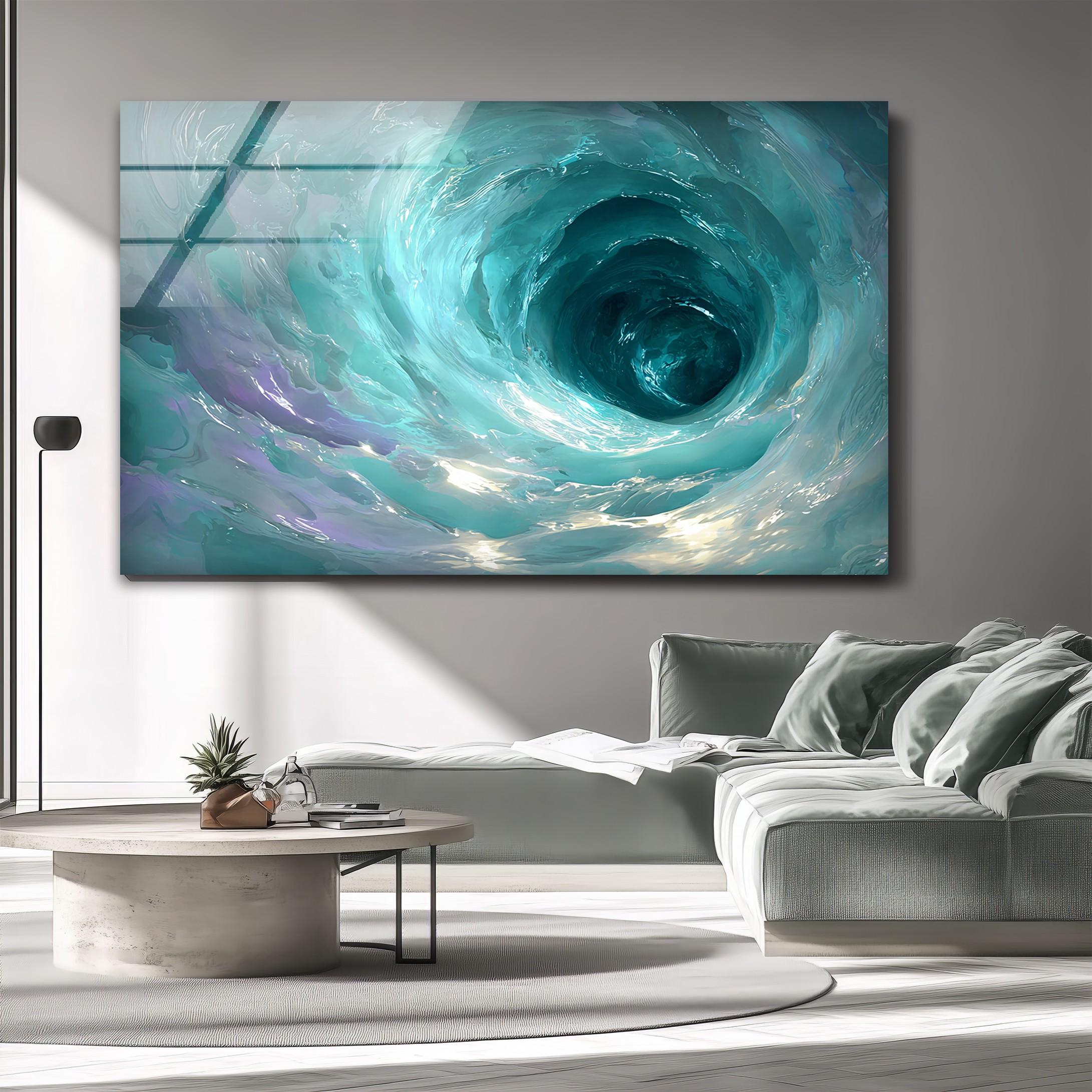 Impression sur verre tourbillon turquoise, décoration murale côtière moderne