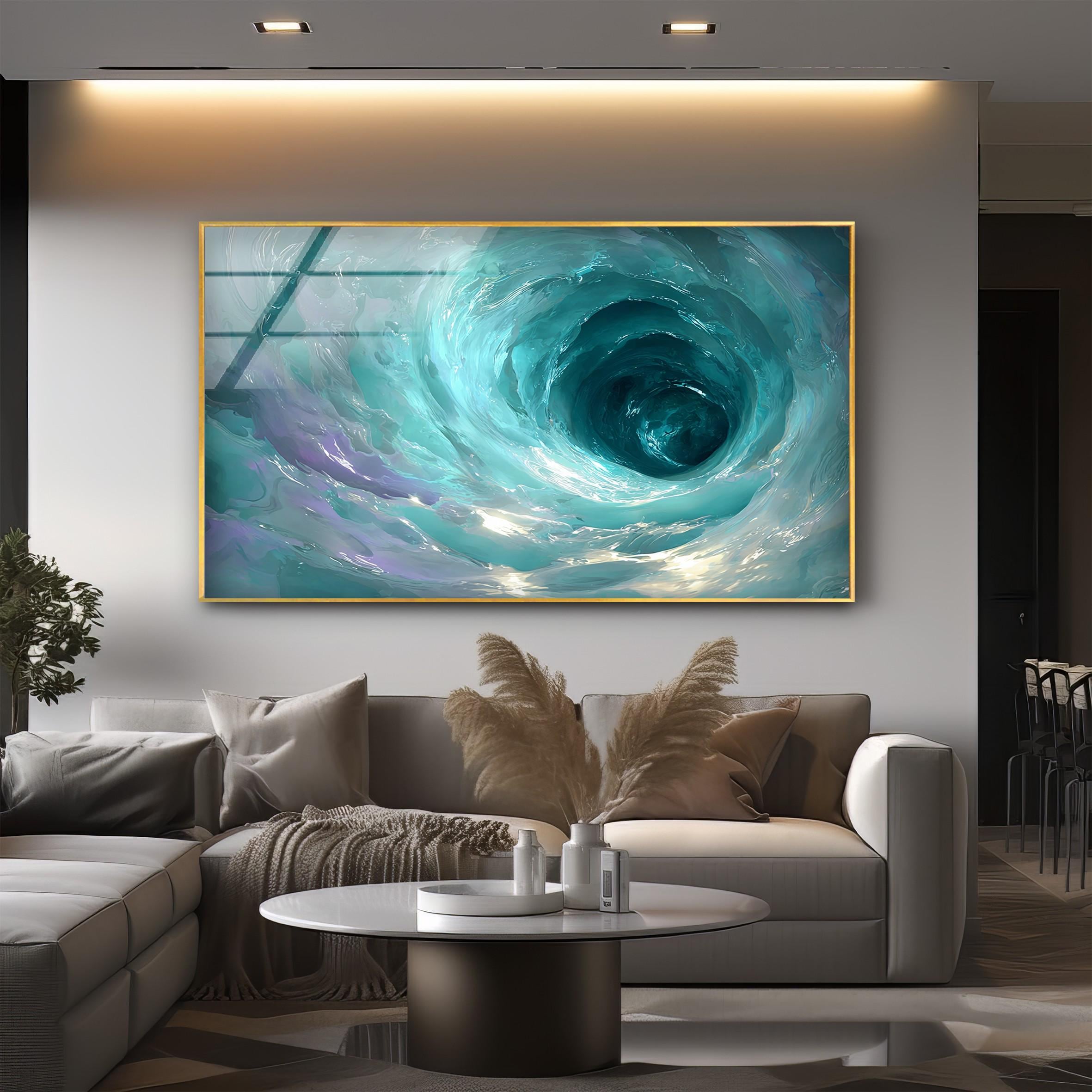 Impression sur verre tourbillon turquoise, décoration murale côtière moderne