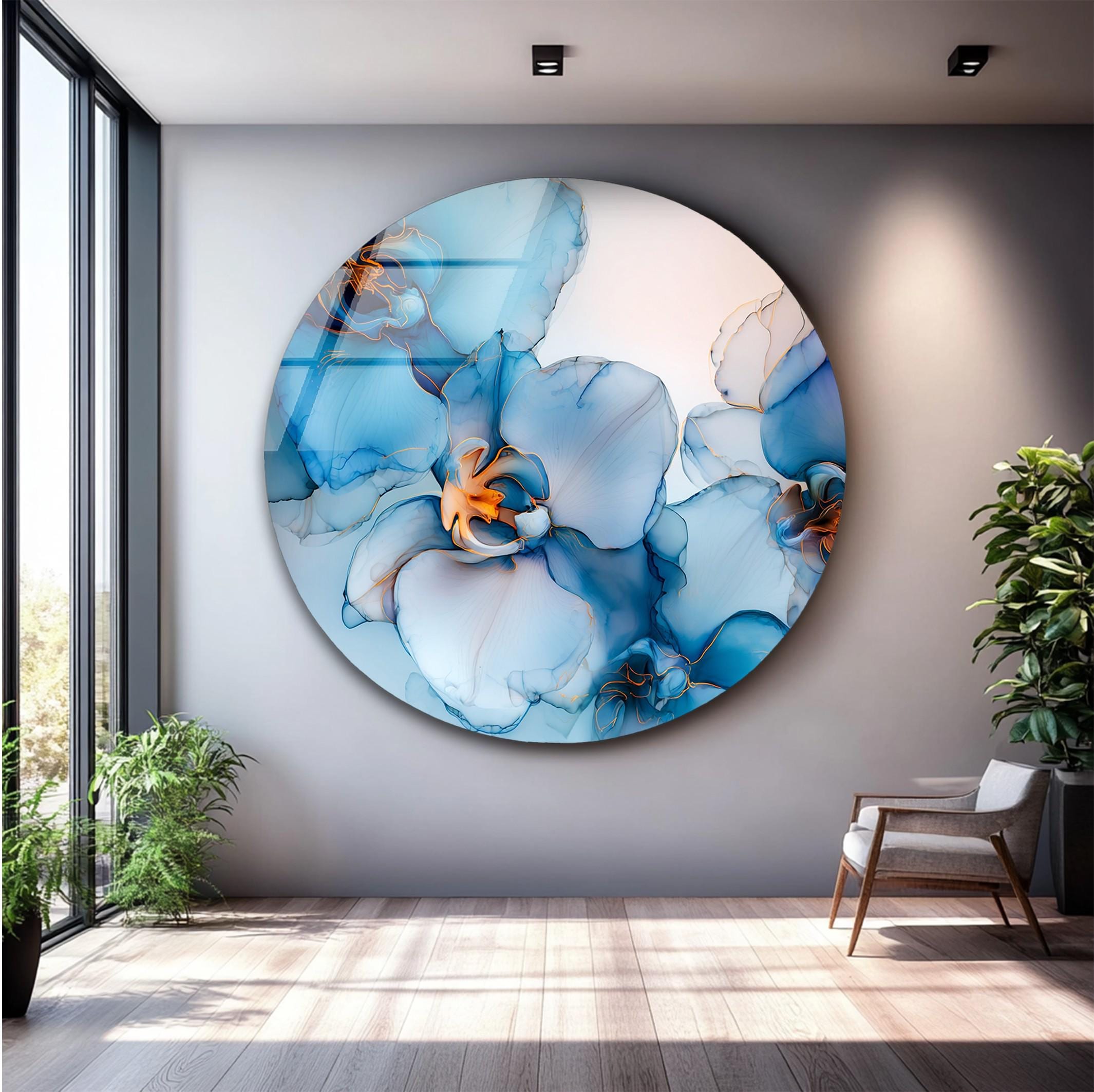 Art mural en verre fleur d'orchidée bleue, décoration florale élégante en verr