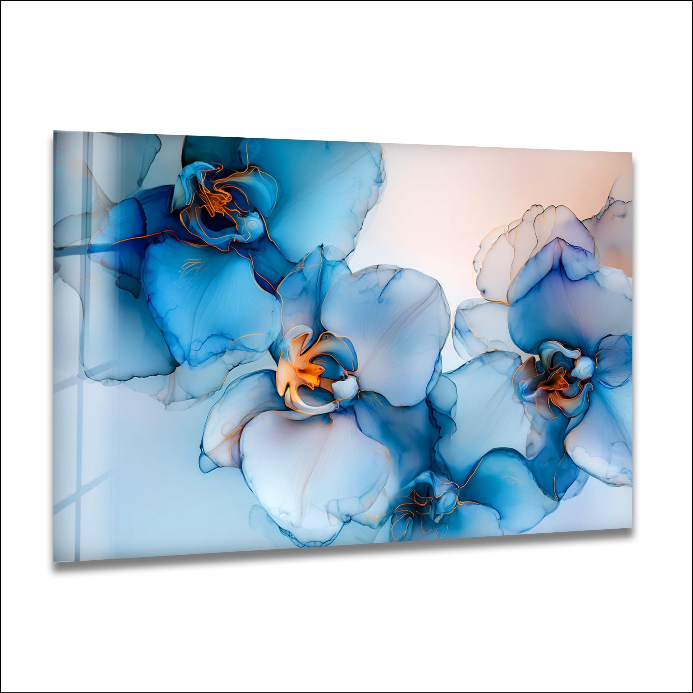 Art mural en verre fleur d'orchidée bleue, décoration florale élégante en verr