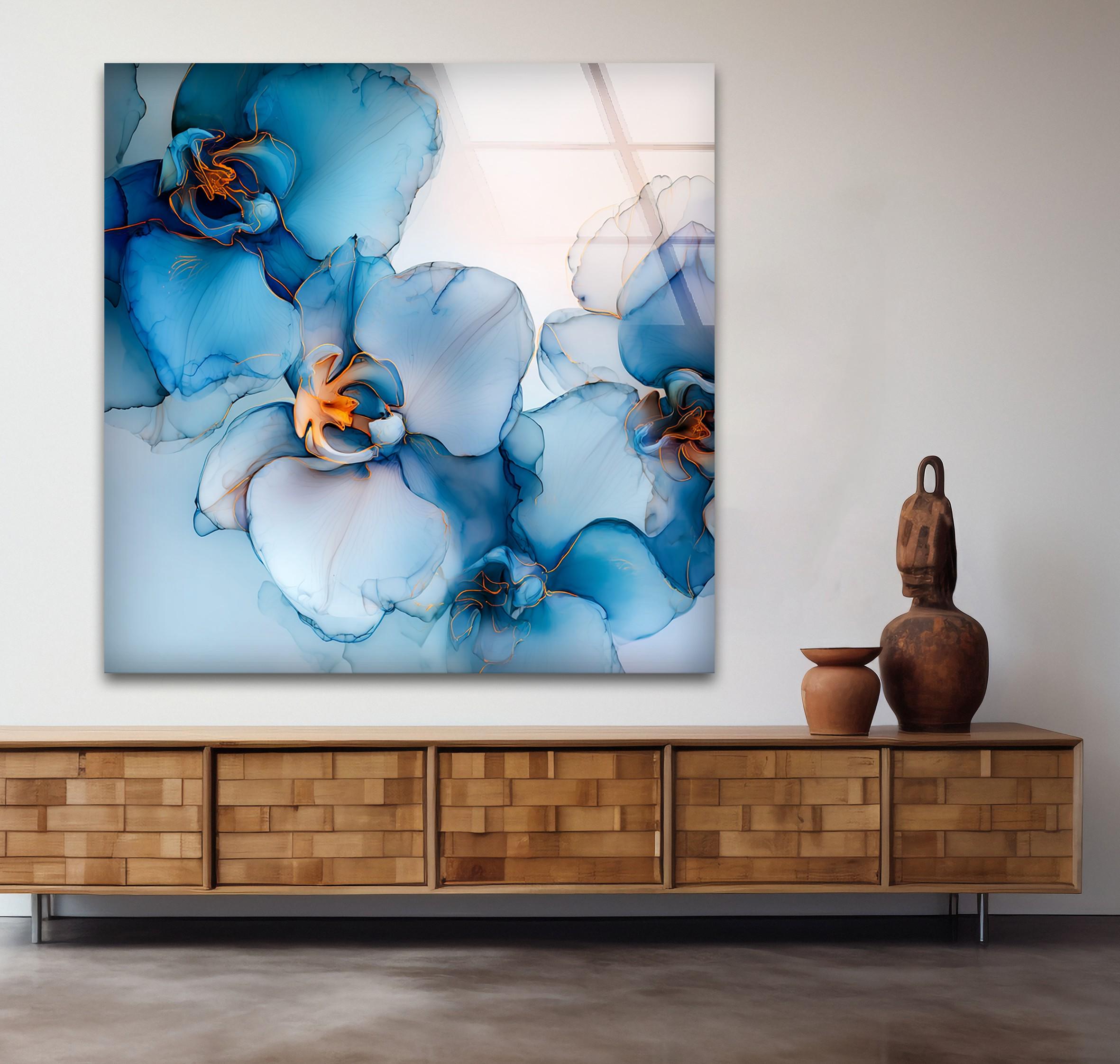 Art mural en verre fleur d'orchidée bleue, décoration florale élégante en verr