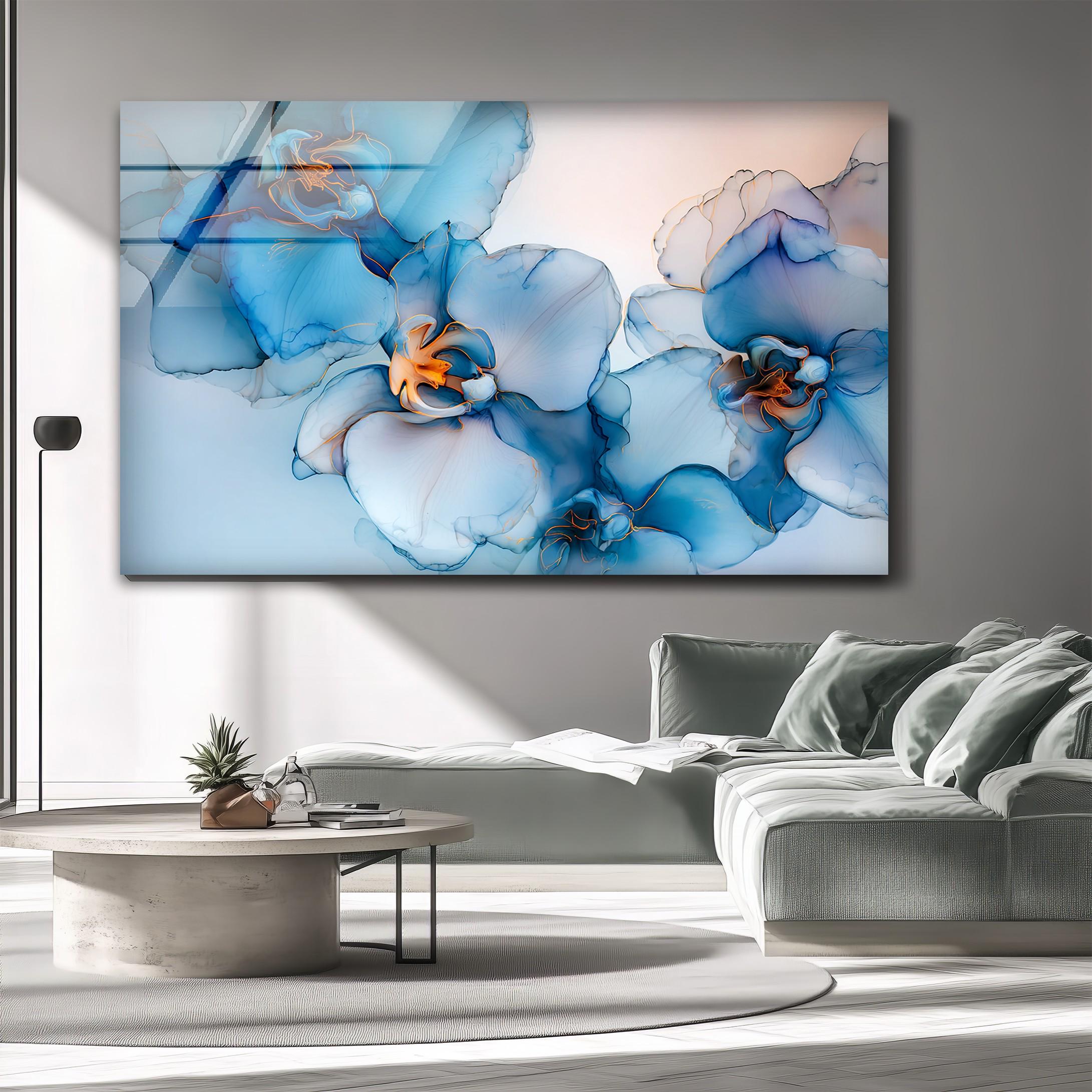 Art mural en verre fleur d'orchidée bleue, décoration florale élégante en verr