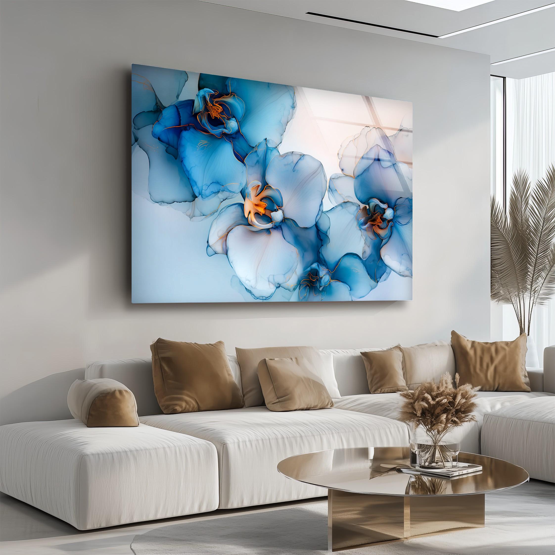 Art mural en verre fleur d'orchidée bleue, décoration florale élégante en verr