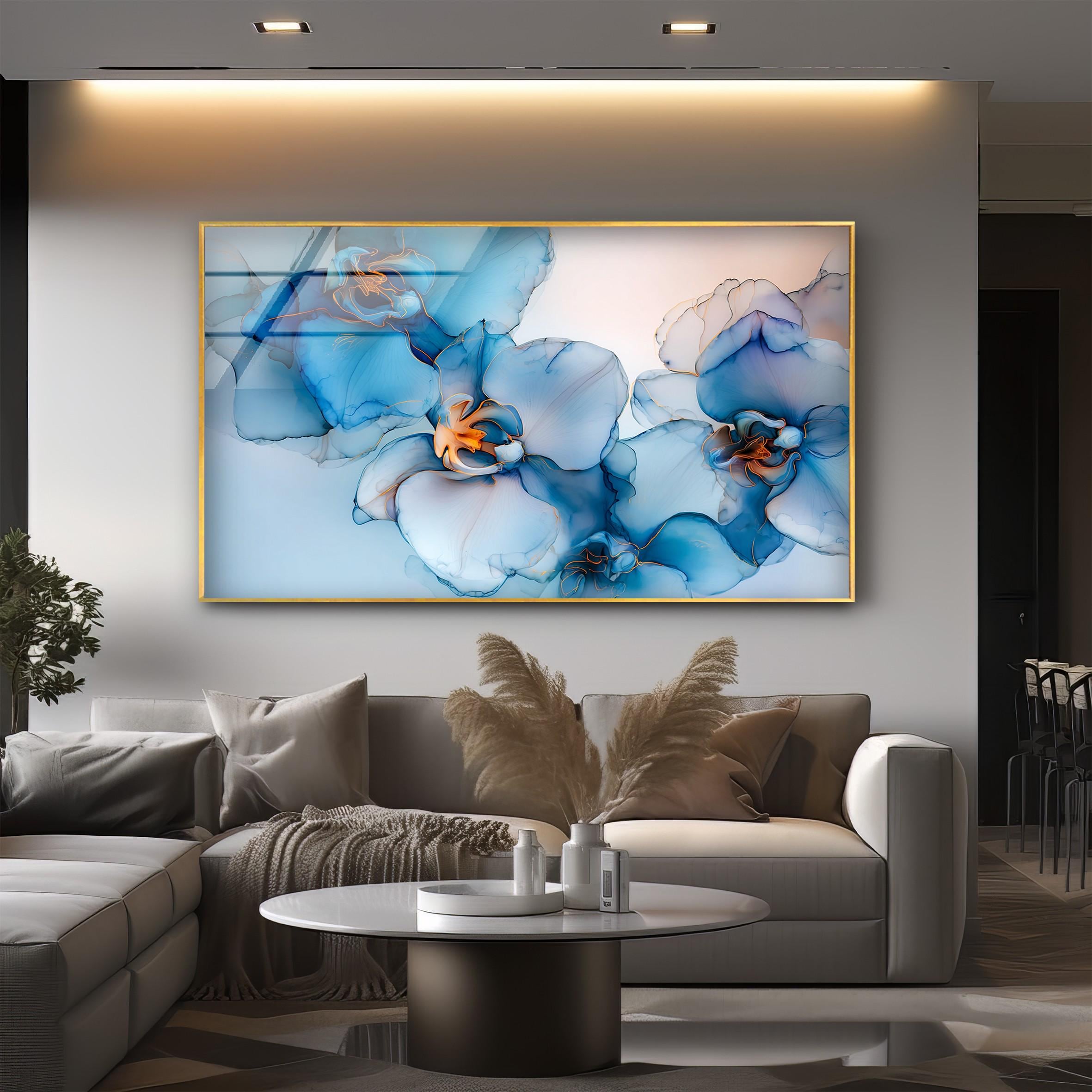 Art mural en verre fleur d'orchidée bleue, décoration florale élégante en verr