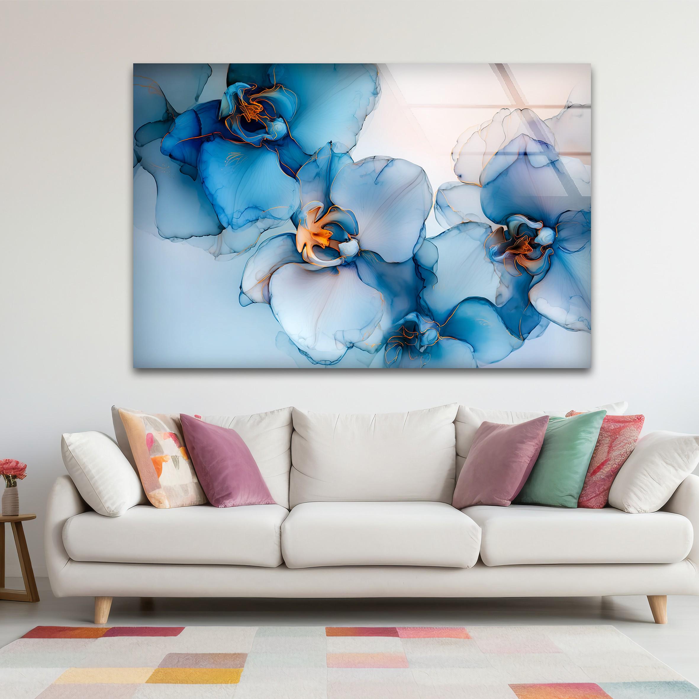 Art mural en verre fleur d'orchidée bleue, décoration florale élégante en verr