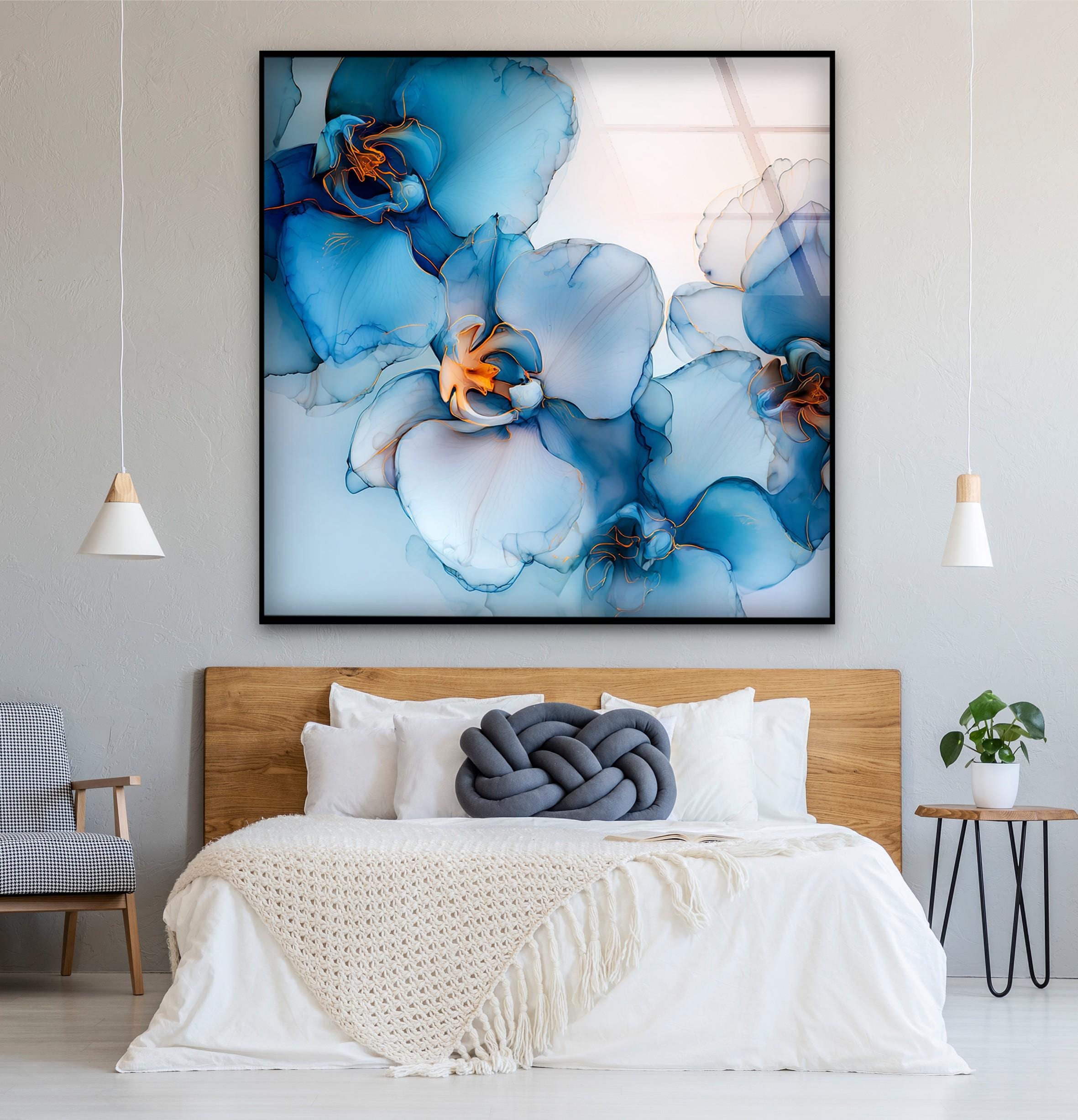 Art mural en verre fleur d'orchidée bleue, décoration florale élégante en verr